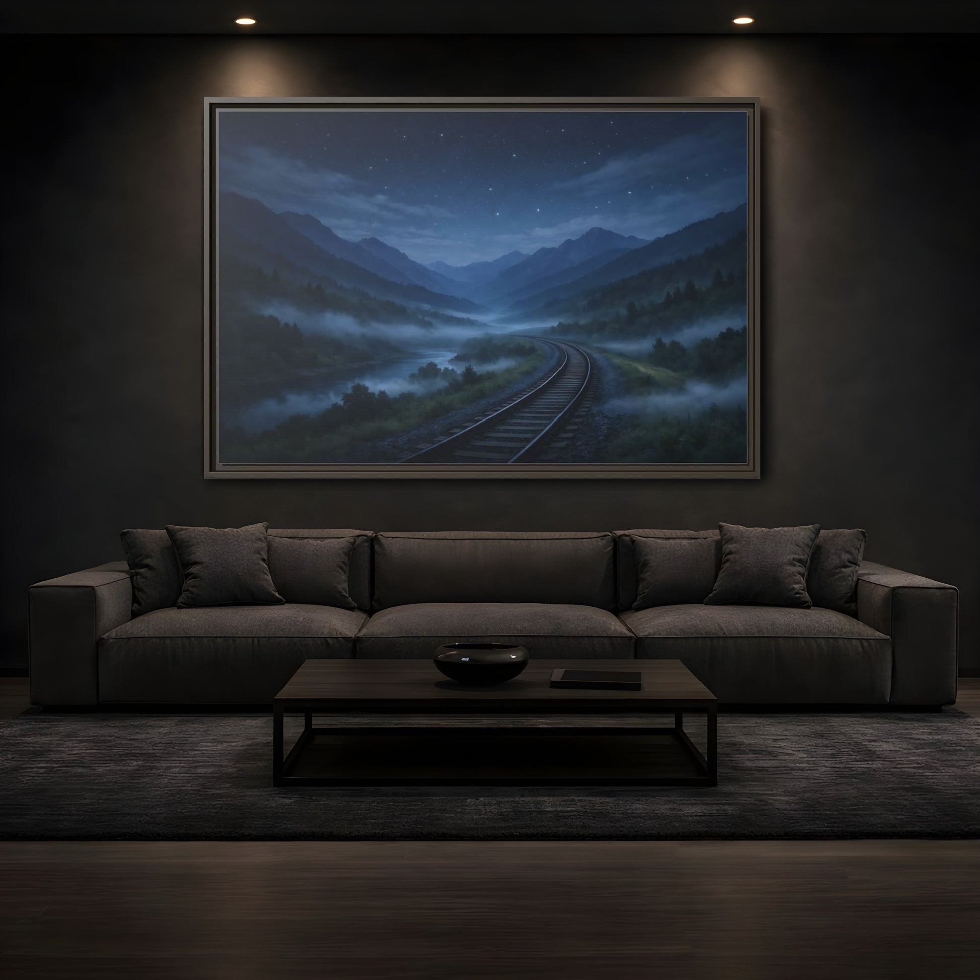 Mockup 3. Nature Train Tracks Misty Night Landscape shown as stretched canvas wall art