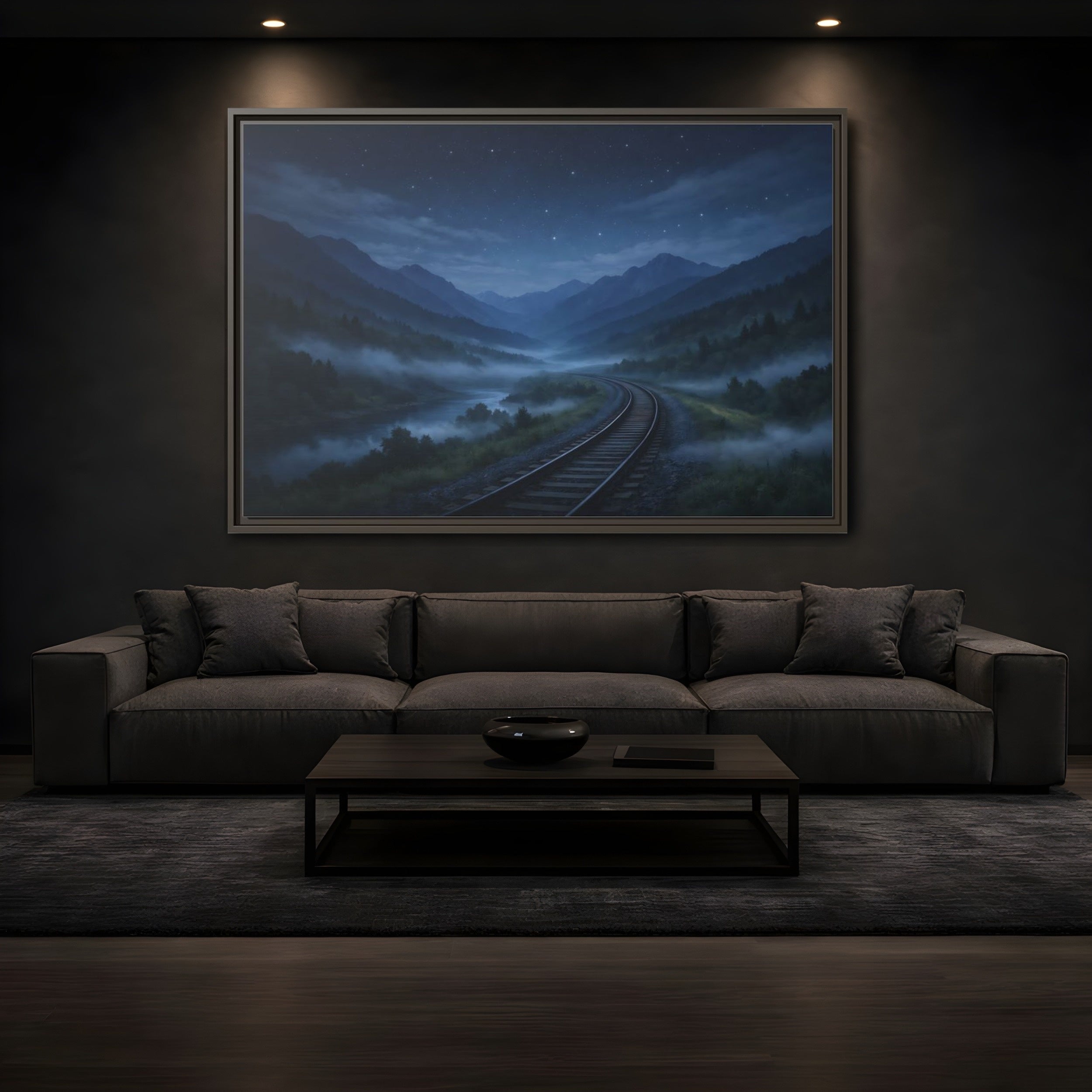 Mockup 3. Nature Train Tracks Misty Night Landscape shown as stretched canvas wall art
