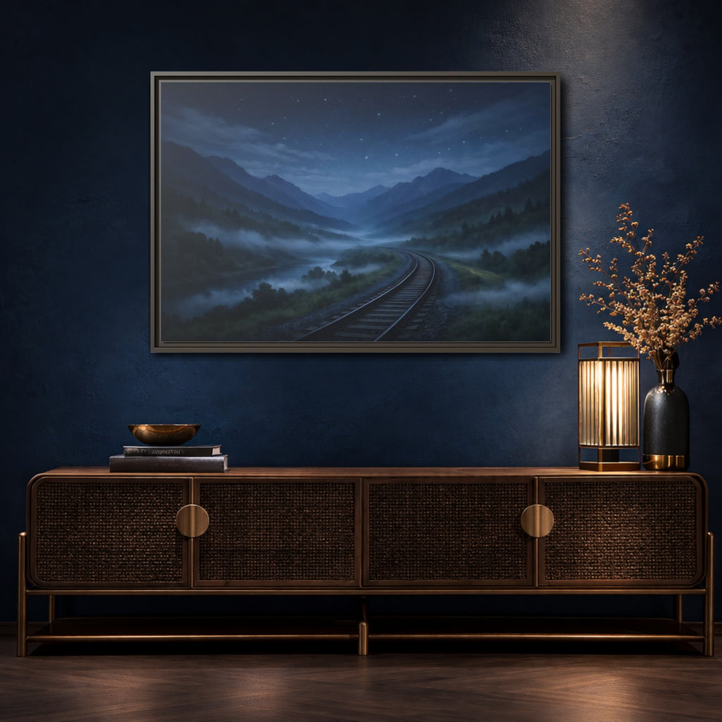 Mockup 4. Nature Train Tracks Misty Night Landscape shown as stretched canvas wall art