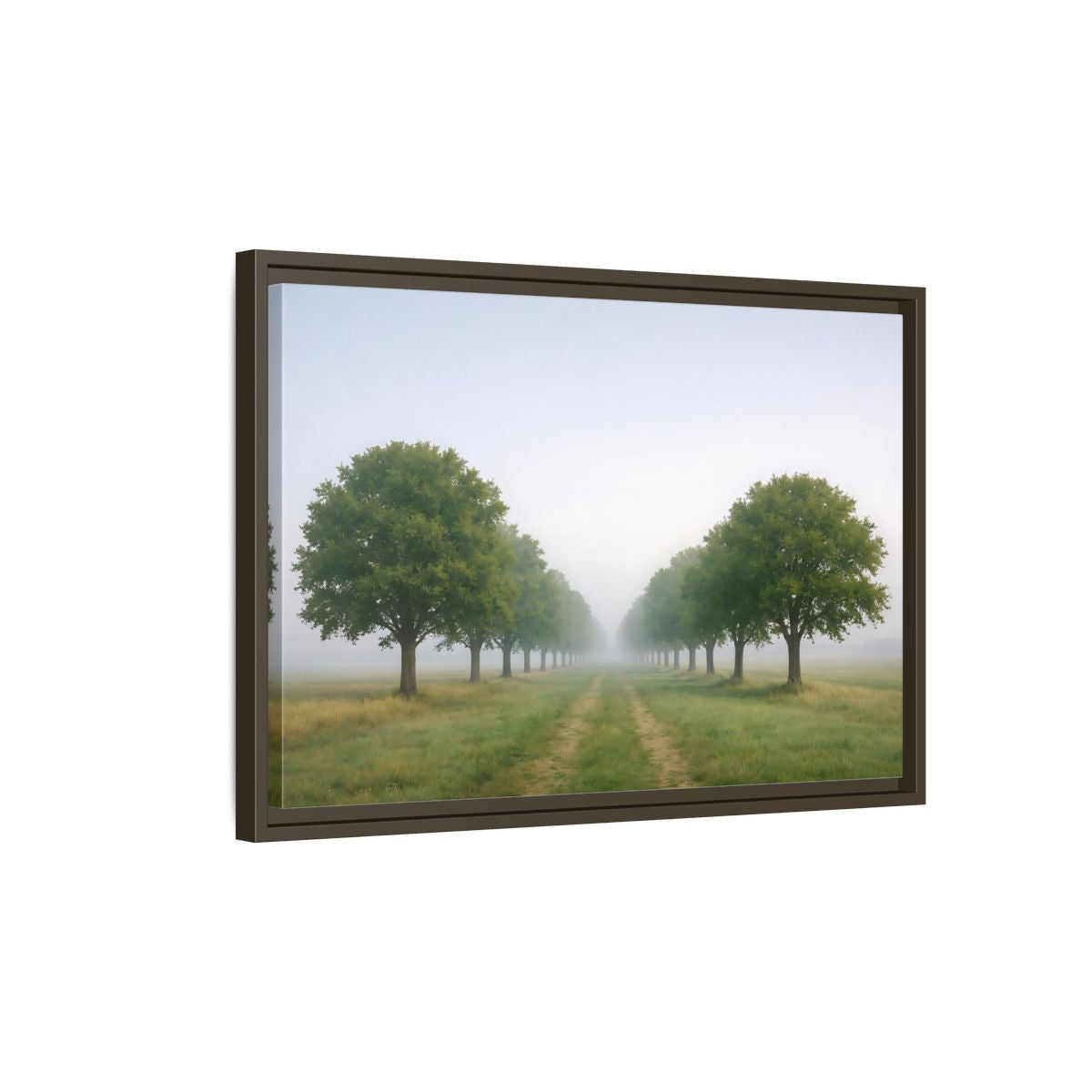 Side Mockup 2. Nature Tree Avenue Green And Gray Mist shown as stretched canvas wall art