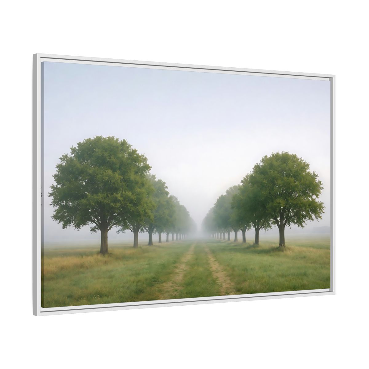 Side Mockup 7. Nature Tree Avenue Green And Gray Mist shown as stretched canvas wall art