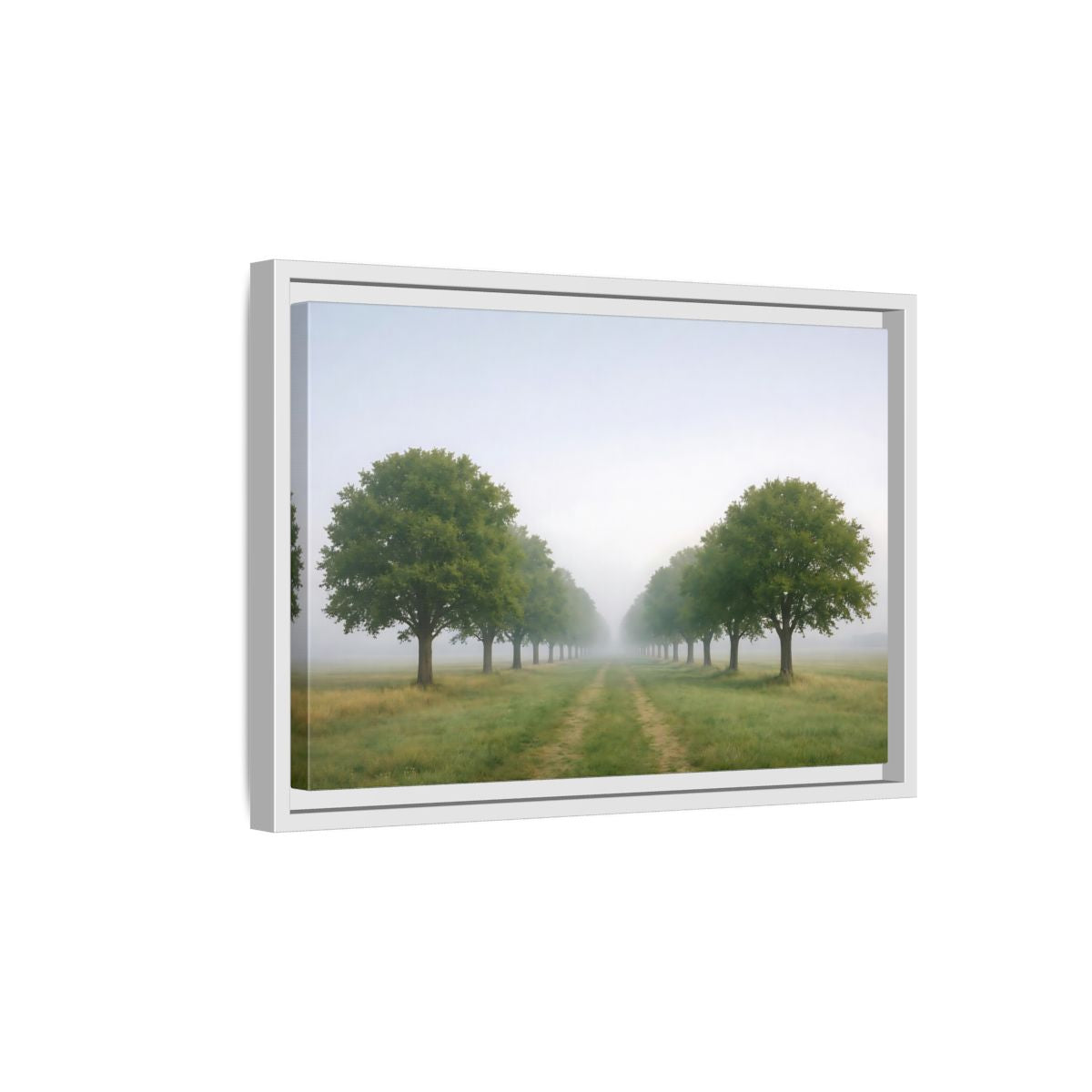 Side Mockup 4. Nature Tree Avenue Green And Gray Mist shown as stretched canvas wall art