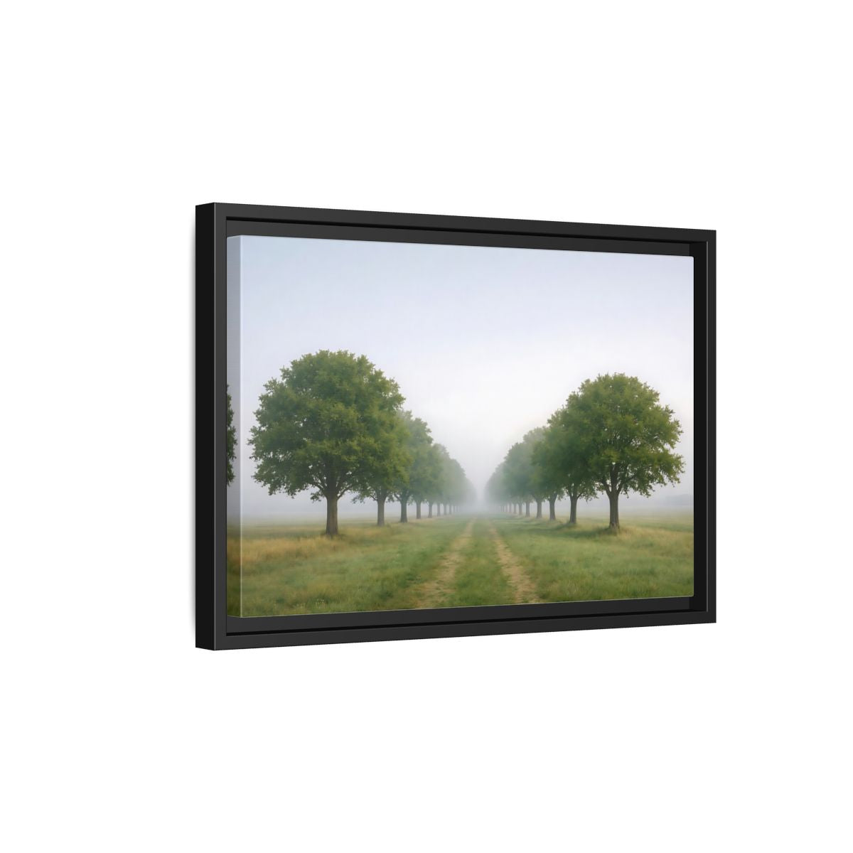 Side Mockup 6. Nature Tree Avenue Green And Gray Mist shown as stretched canvas wall art