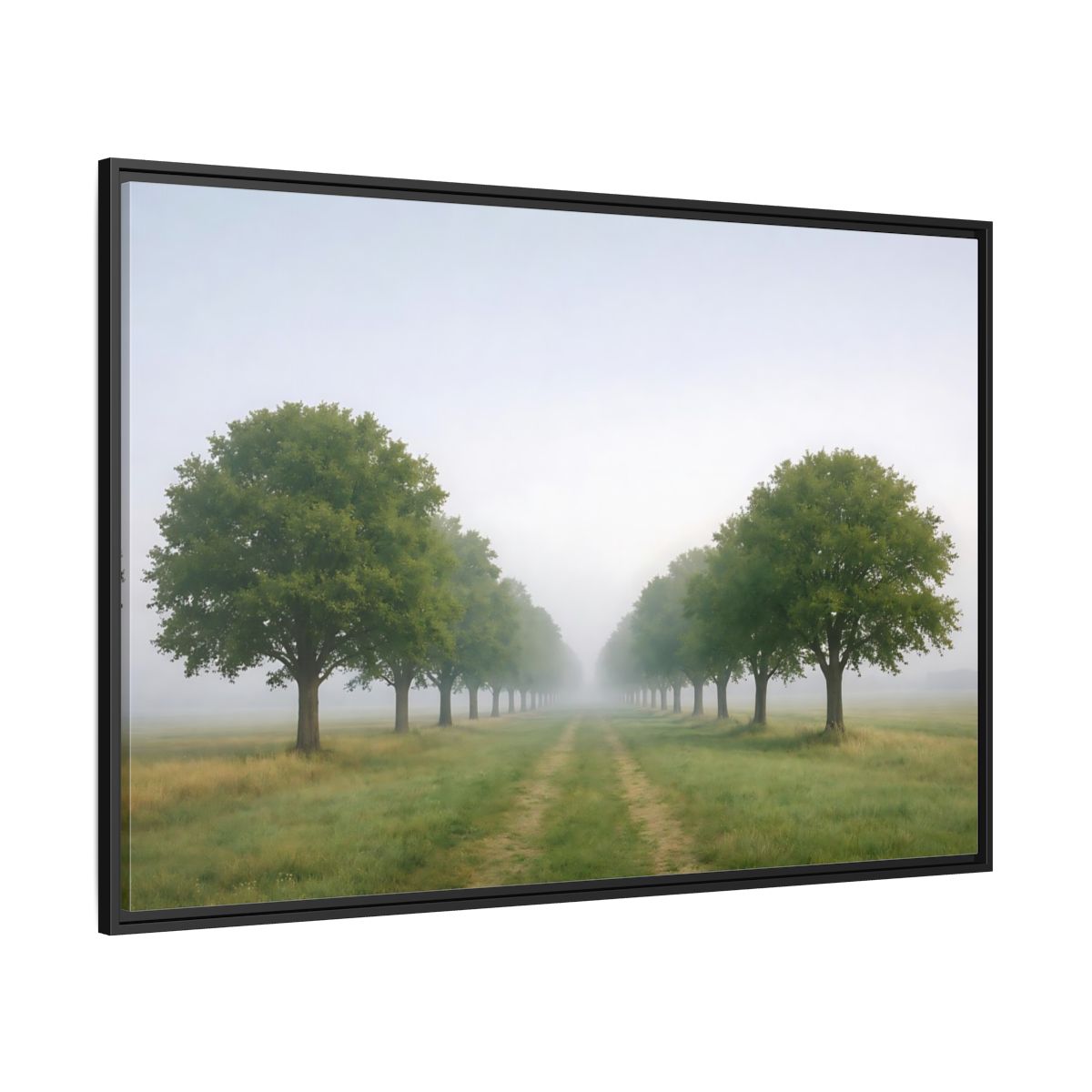 Side Mockup 12. Nature Tree Avenue Green And Gray Mist shown as stretched canvas wall art