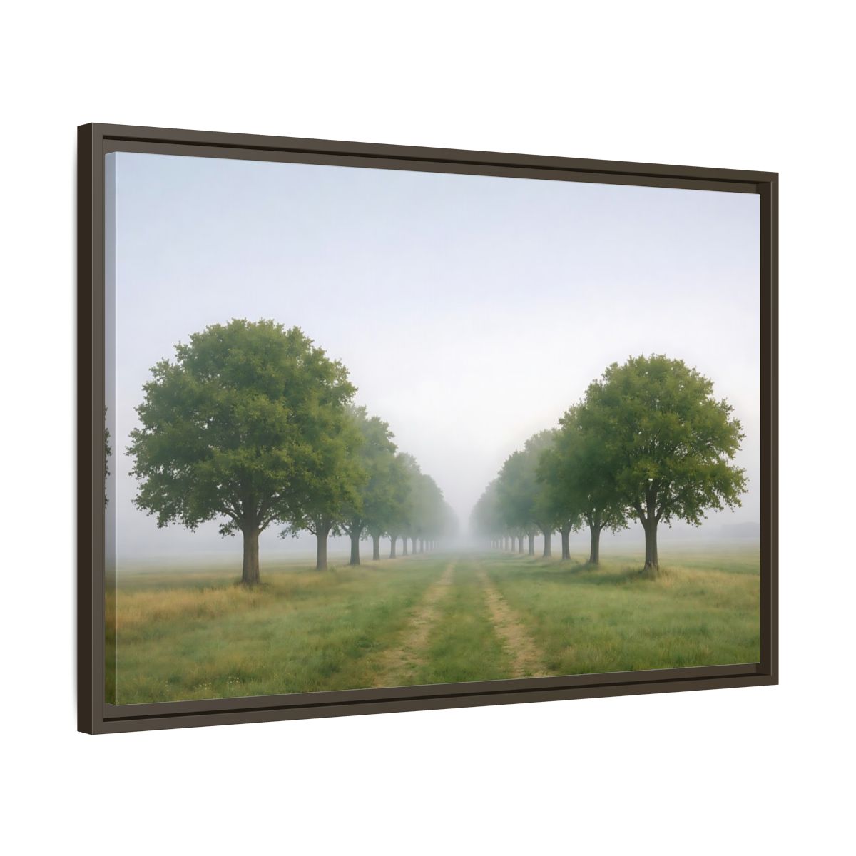 Side Mockup 11. Nature Tree Avenue Green And Gray Mist shown as stretched canvas wall art