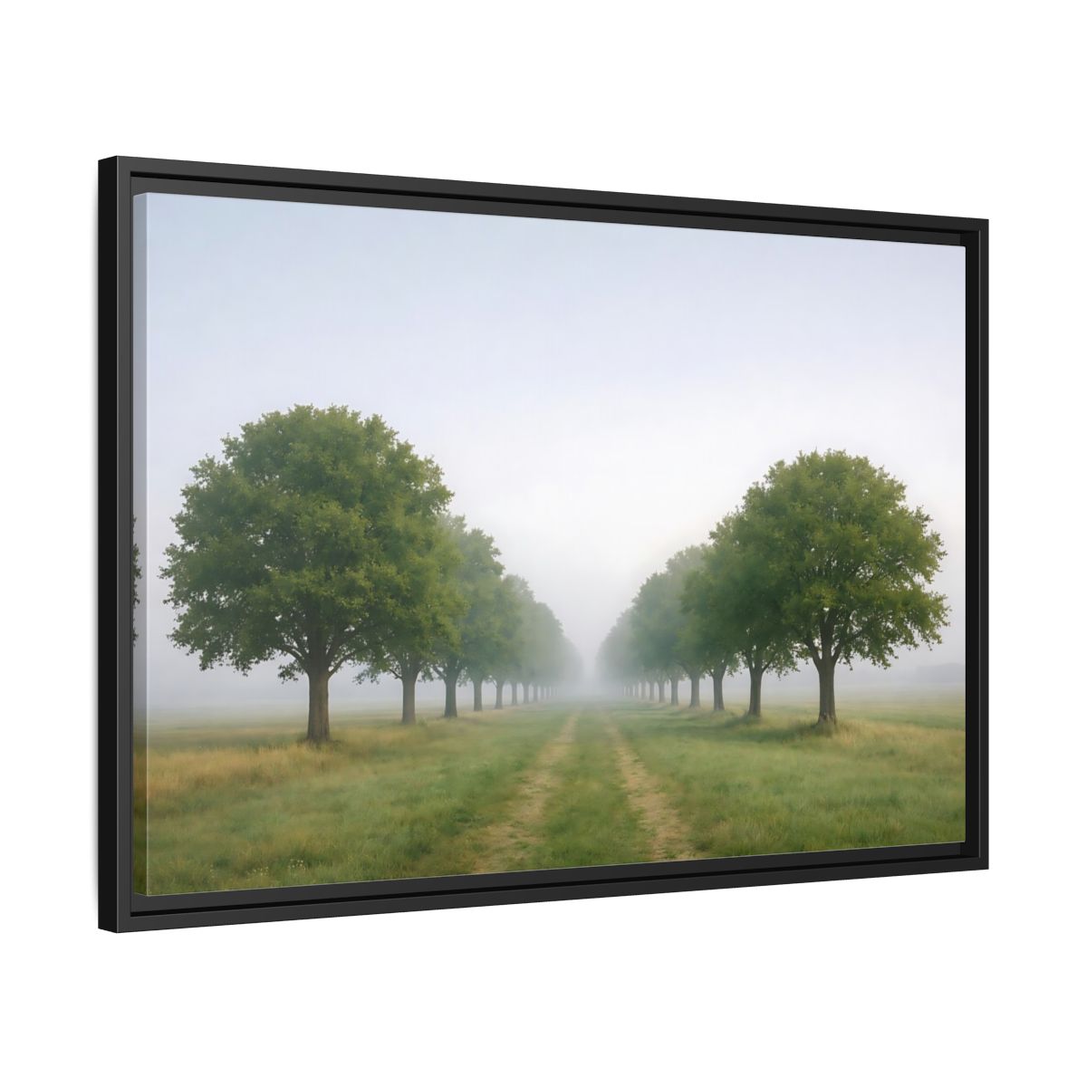 Side Mockup 14. Nature Tree Avenue Green And Gray Mist shown as stretched canvas wall art