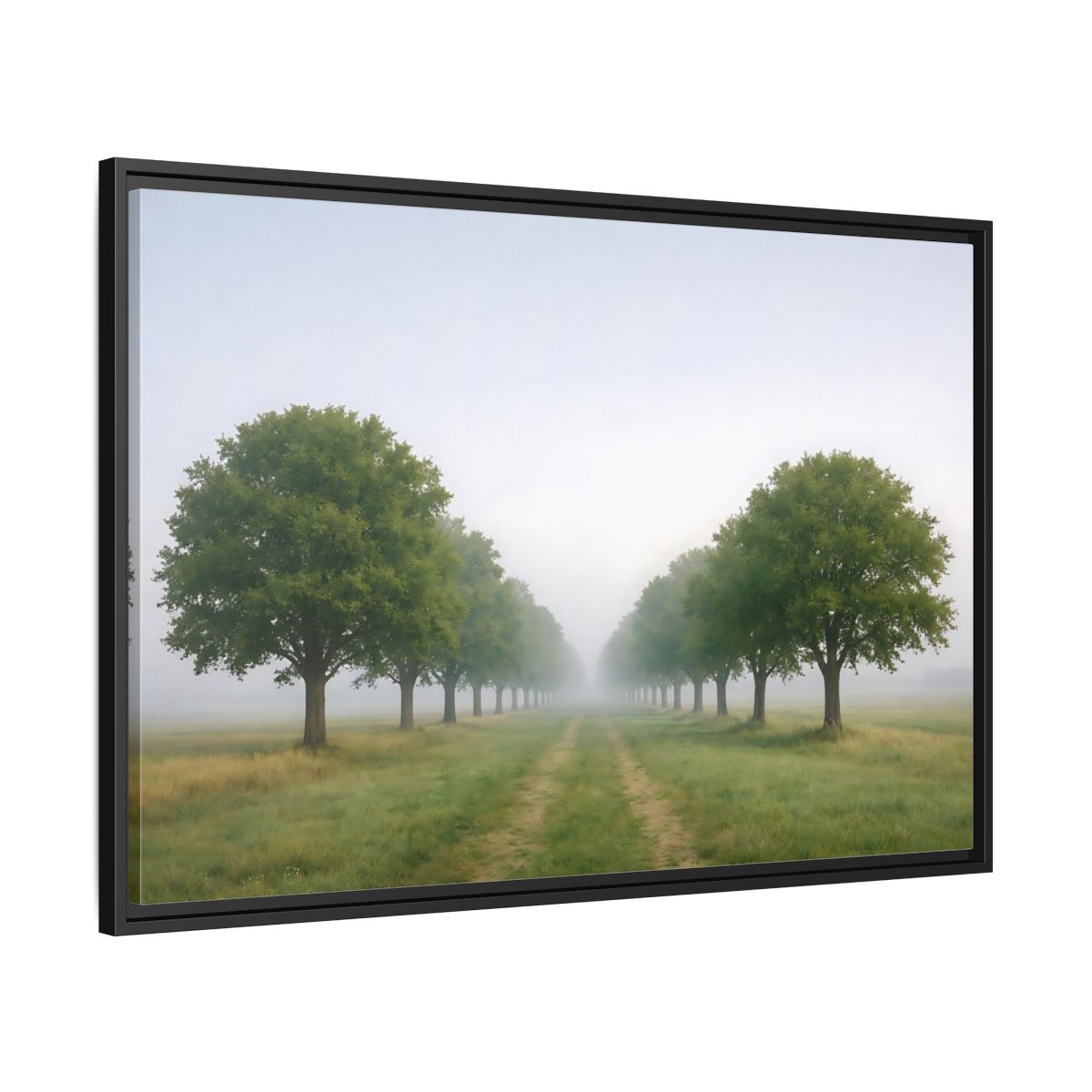 Side Mockup 13. Nature Tree Avenue Green And Gray Mist shown as stretched canvas wall art
