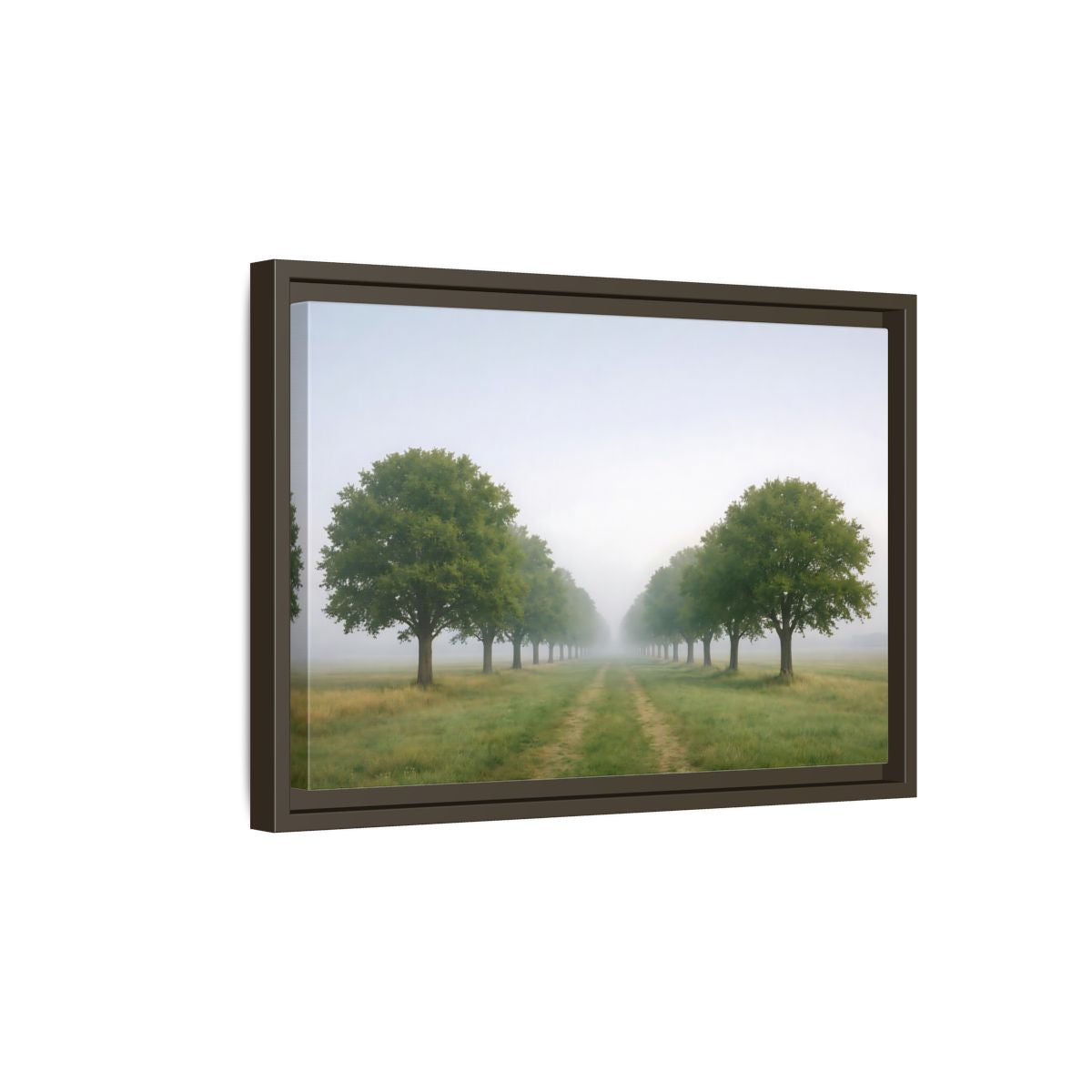 Side Mockup 5. Nature Tree Avenue Green And Gray Mist shown as stretched canvas wall art
