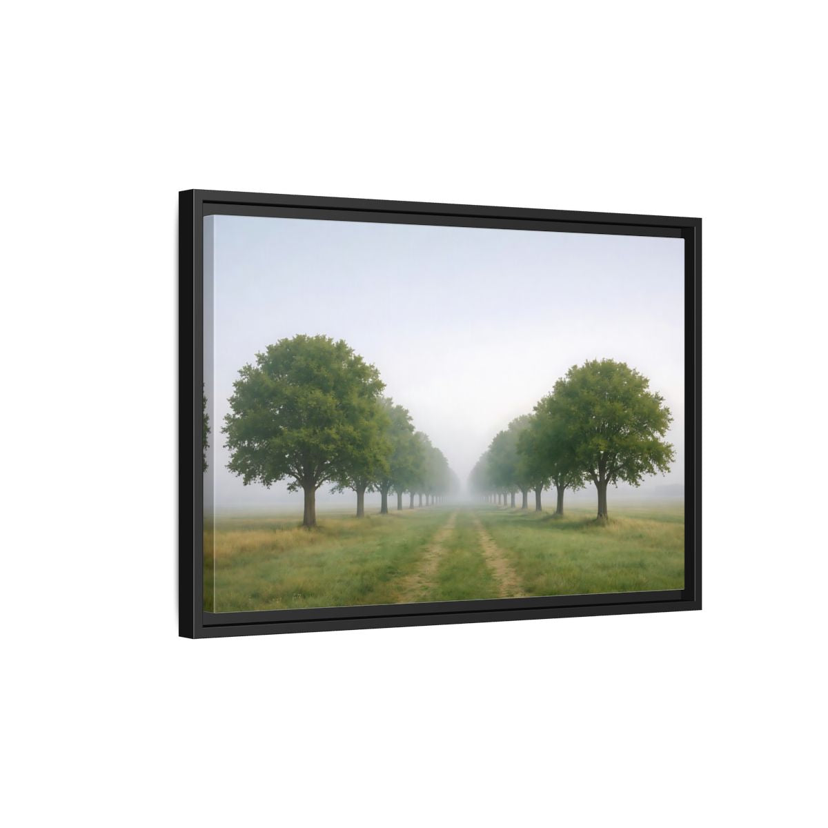 Side Mockup 3. Nature Tree Avenue Green And Gray Mist shown as stretched canvas wall art
