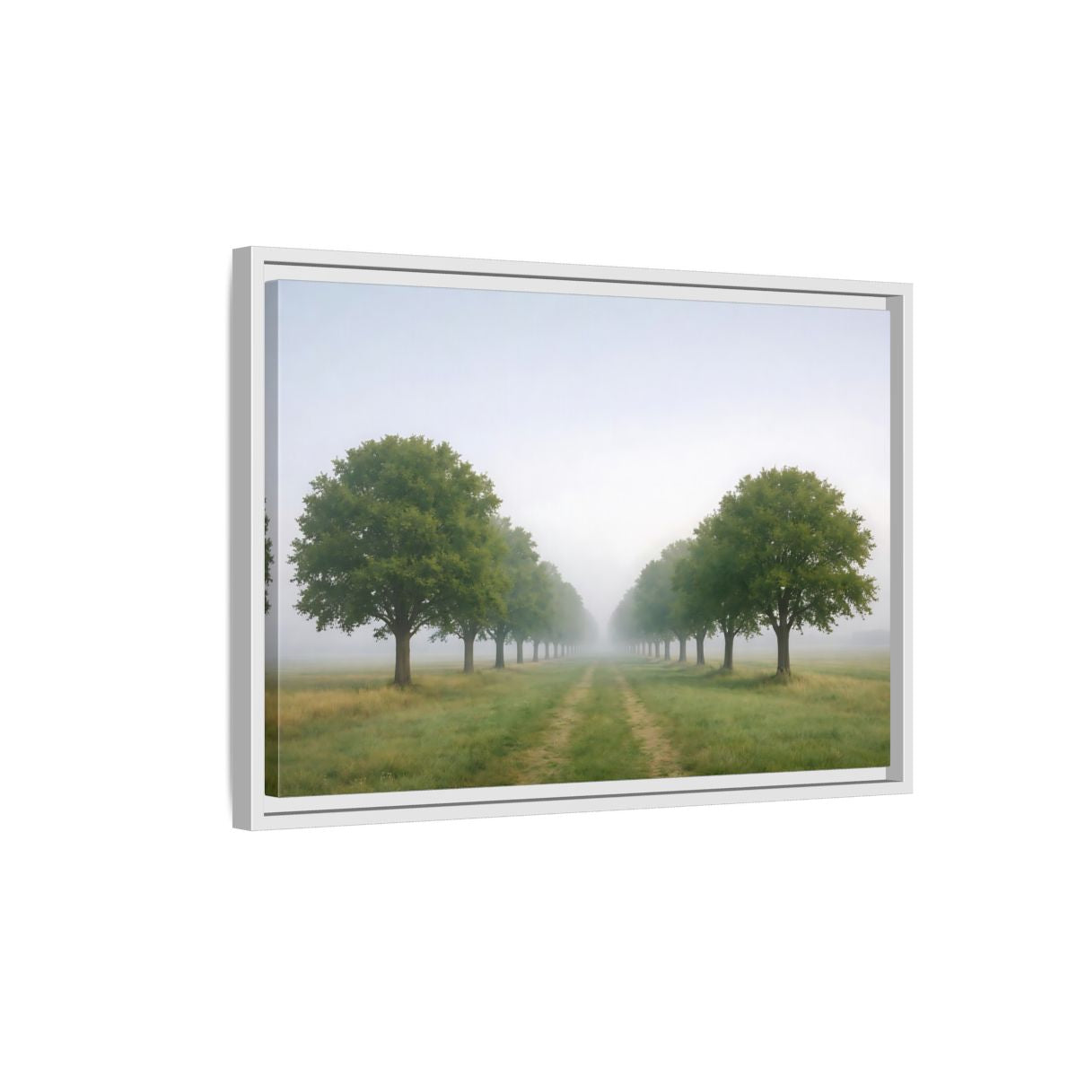 Side Mockup 1. Nature Tree Avenue Green And Gray Mist shown as stretched canvas wall art