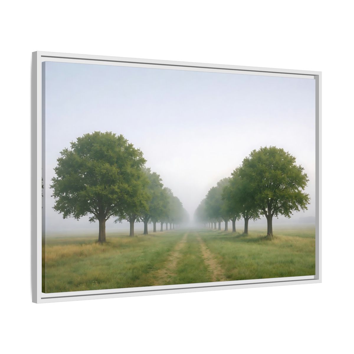 Side Mockup 9. Nature Tree Avenue Green And Gray Mist shown as stretched canvas wall art