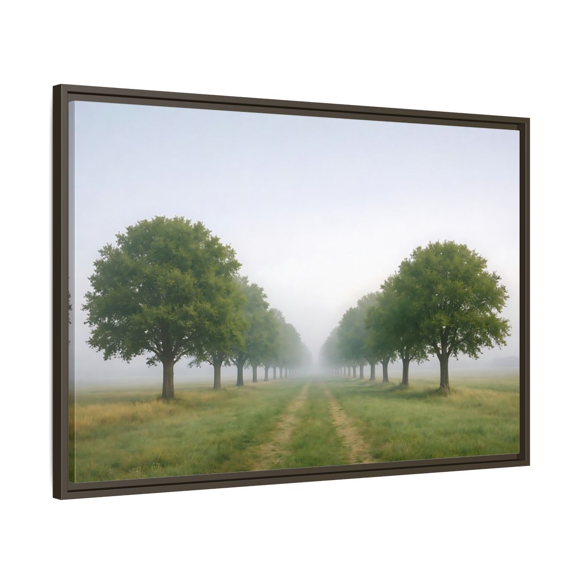 Main Mockup. Nature Tree Avenue Green And Gray Mist shown as stretched canvas wall art