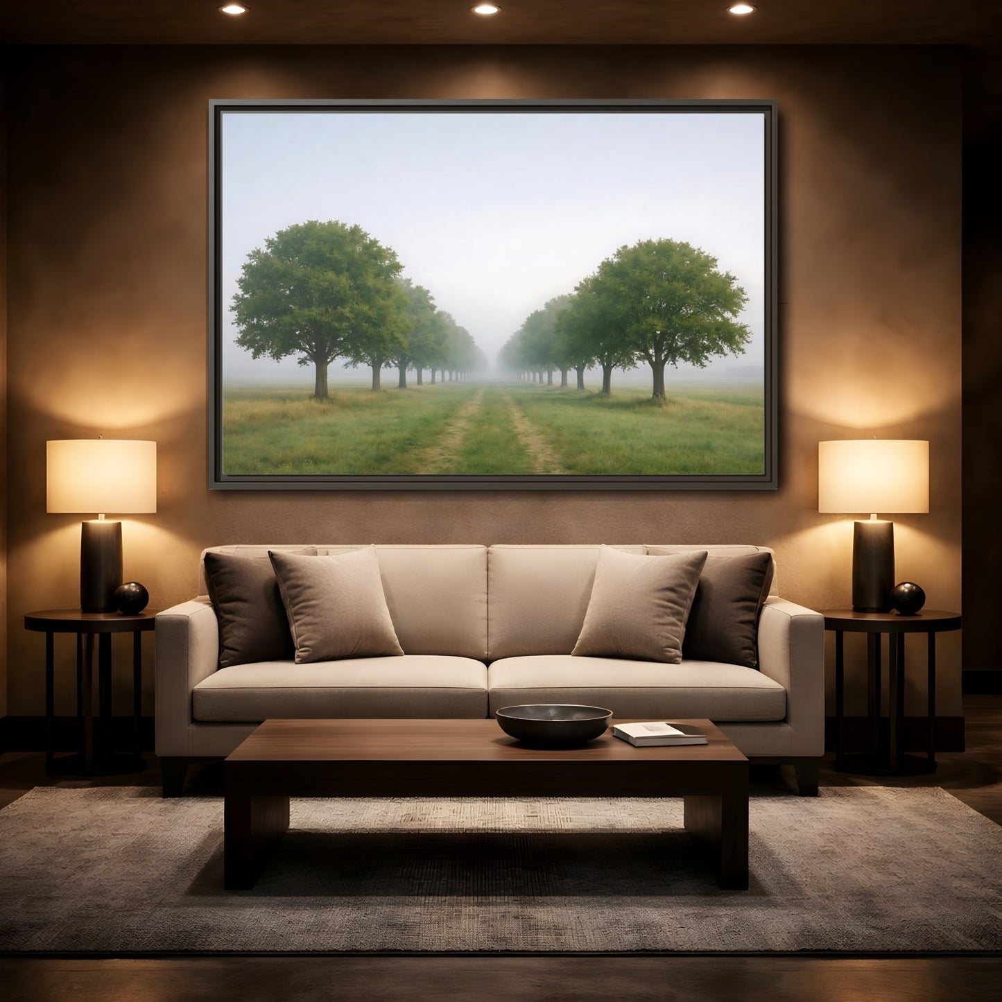 Mockup 2. Nature Tree Avenue Green And Gray Mist shown as stretched canvas wall art