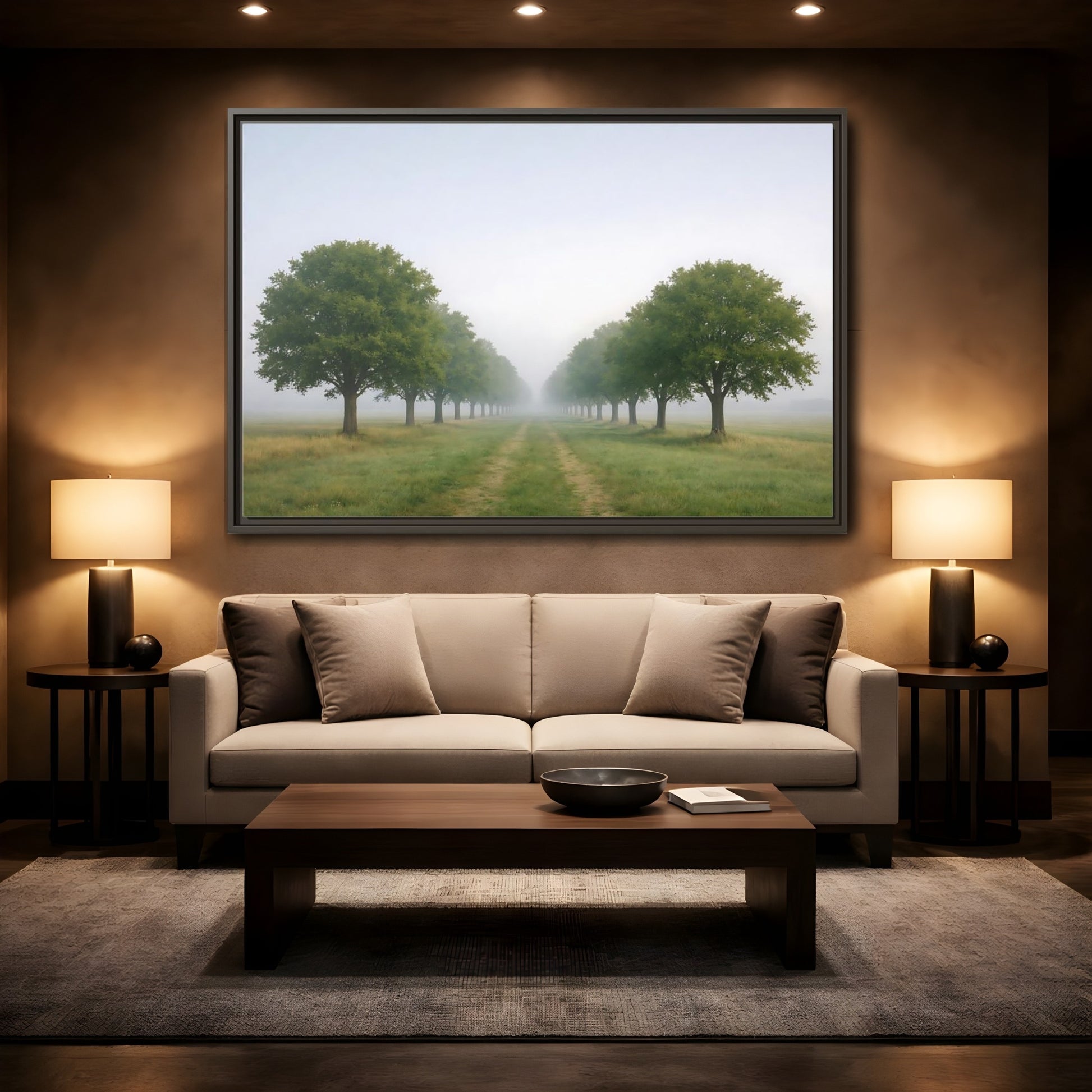 Mockup 2. Nature Tree Avenue Green And Gray Mist shown as stretched canvas wall art