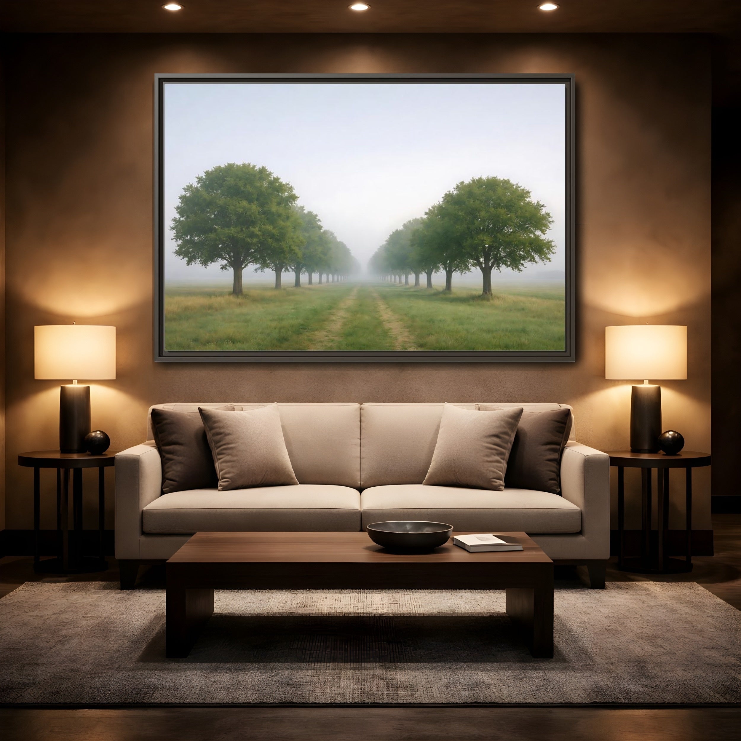 Mockup 2. Nature Tree Avenue Green And Gray Mist shown as stretched canvas wall art