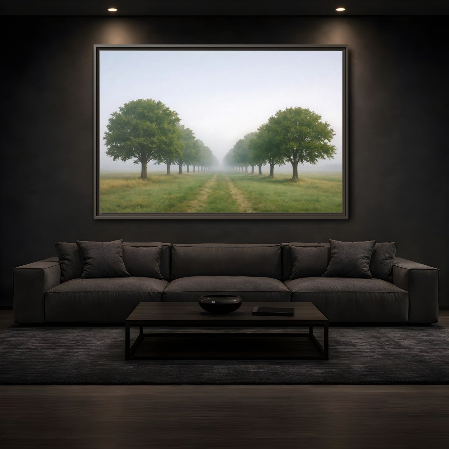 Mockup 3. Nature Tree Avenue Green And Gray Mist shown as stretched canvas wall art