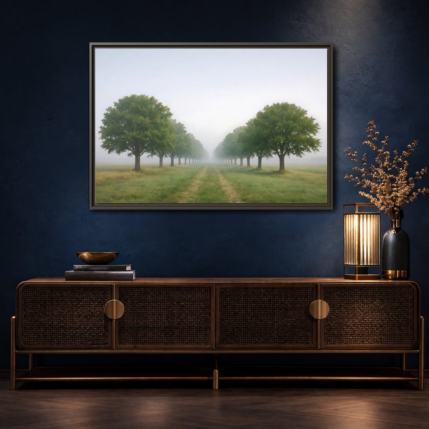 Mockup 4. Nature Tree Avenue Green And Gray Mist shown as stretched canvas wall art