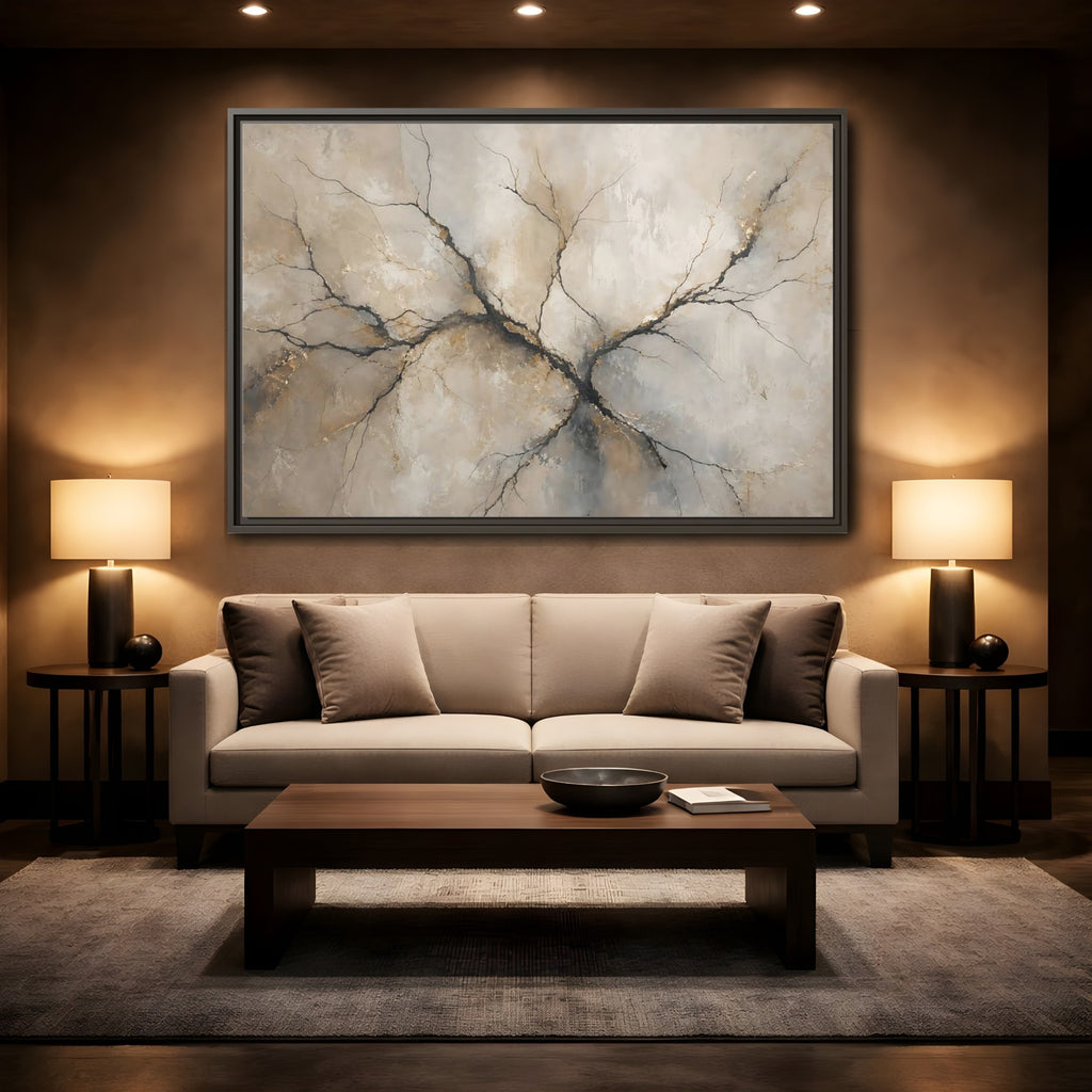 Mockup 2. Nature Tree Branches Neutral Gold shown as stretched canvas wall art