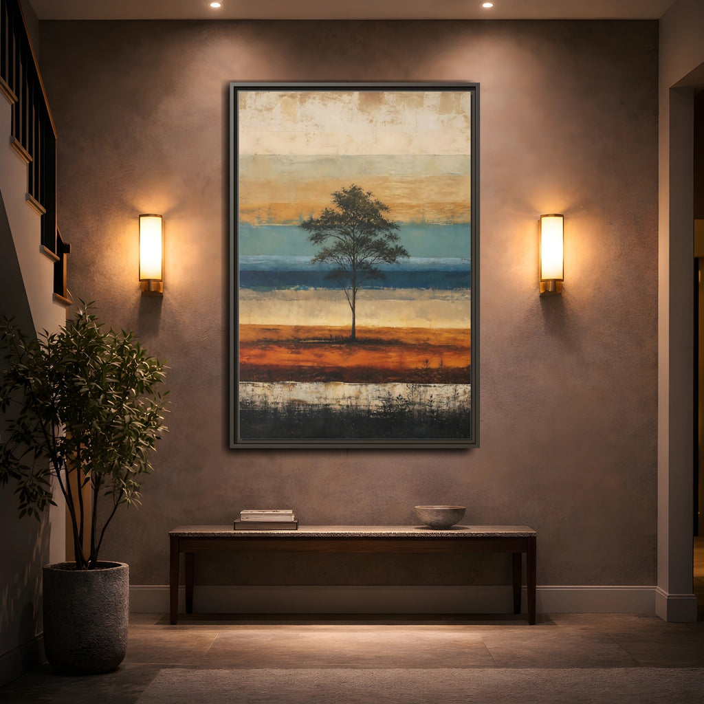Mockup 2. Nature Tree Brown And Blue Landscape shown as stretched canvas wall art