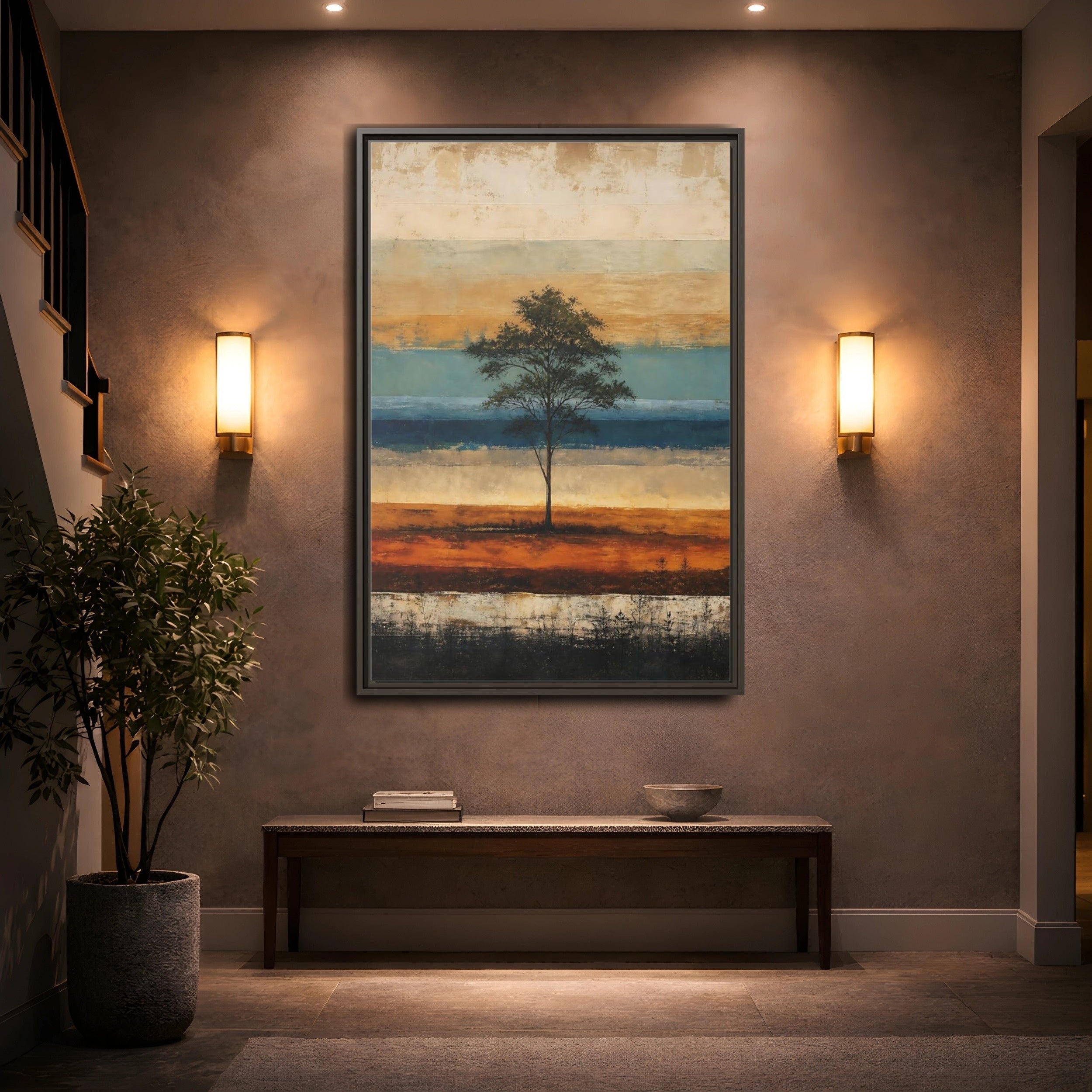 Mockup 2. Nature Tree Brown And Blue Landscape shown as stretched canvas wall art
