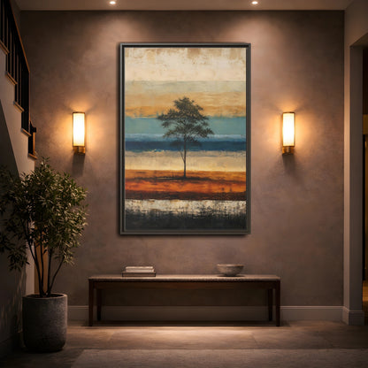 Mockup 2. Nature Tree Brown And Blue Landscape shown as stretched canvas wall art