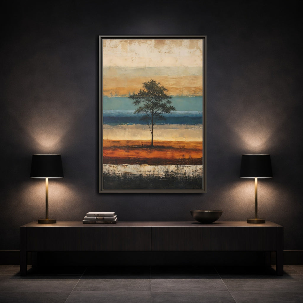 Mockup 3. Nature Tree Brown And Blue Landscape shown as stretched canvas wall art
