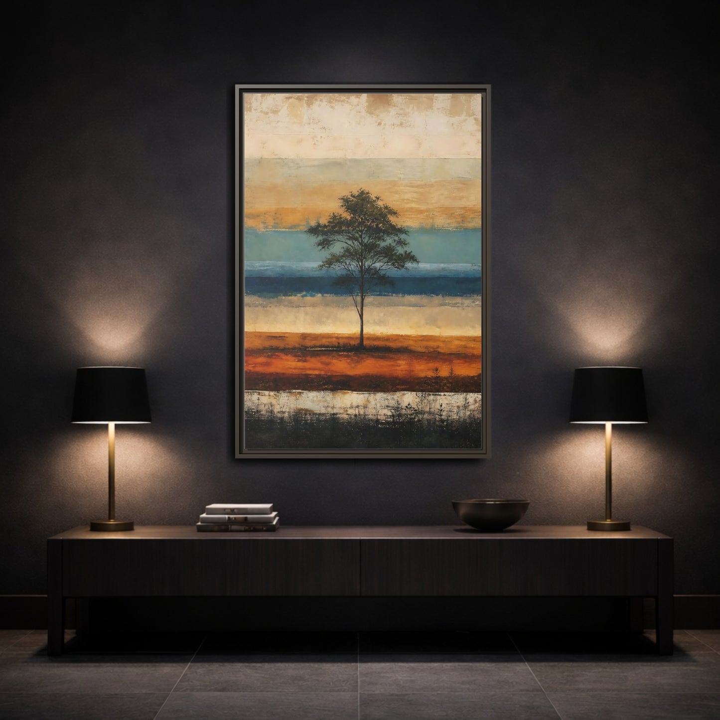 Mockup 3. Nature Tree Brown And Blue Landscape shown as stretched canvas wall art