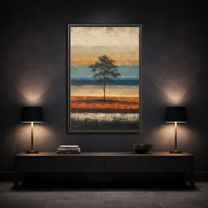 Mockup 3. Nature Tree Brown And Blue Landscape shown as stretched canvas wall art