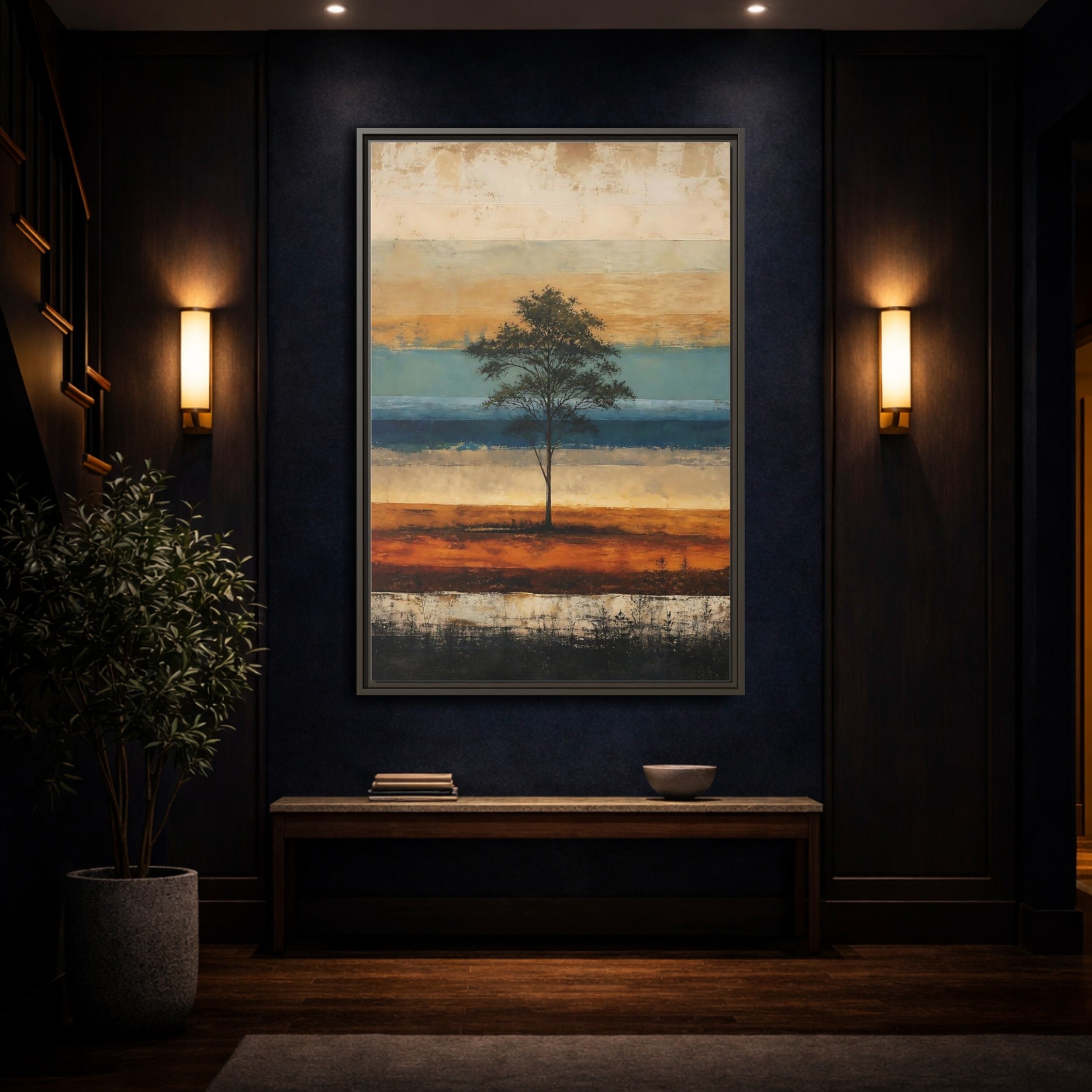 Mockup 4. Nature Tree Brown And Blue Landscape shown as stretched canvas wall art