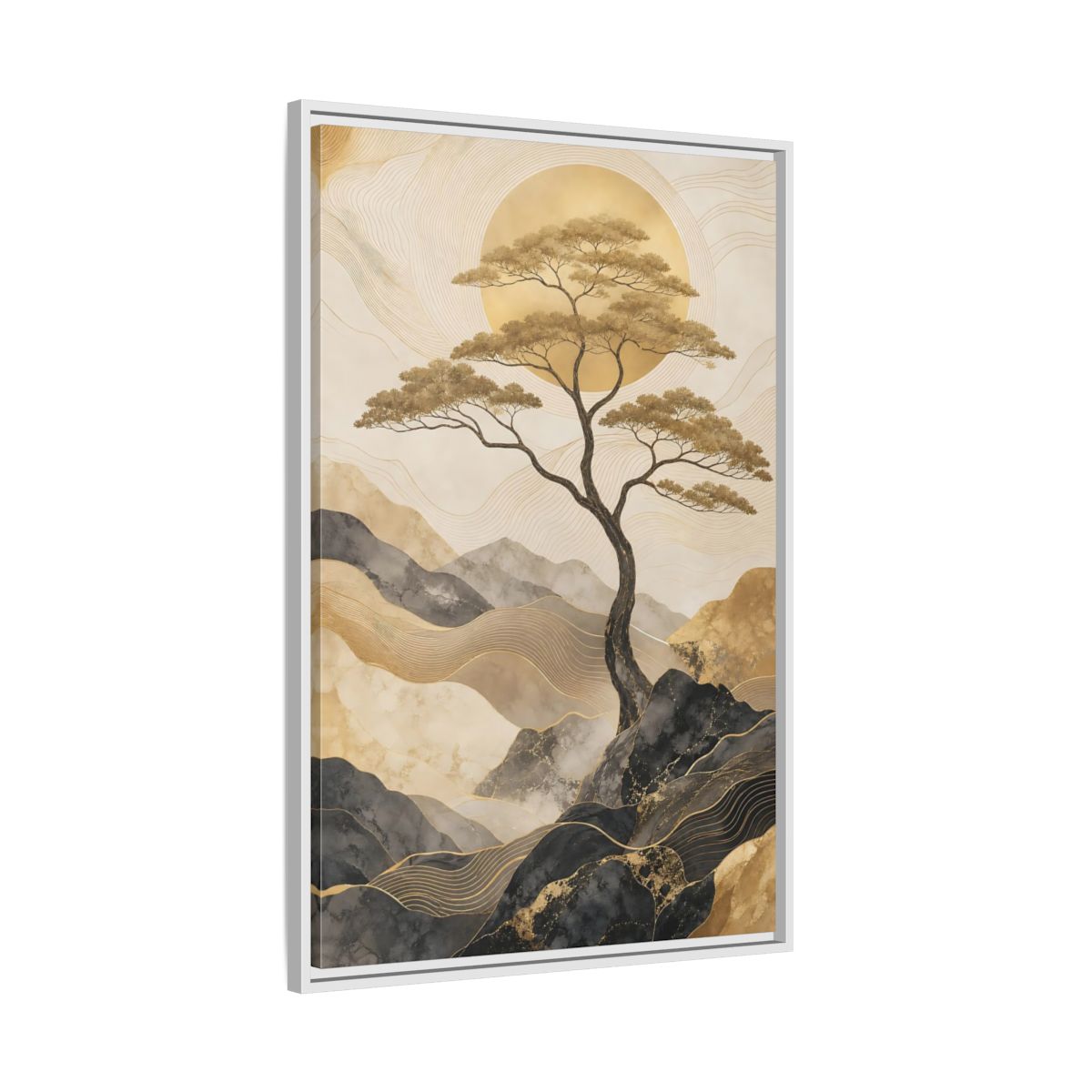 Side Mockup 9. Nature Tree Gold And Black shown as stretched canvas wall art