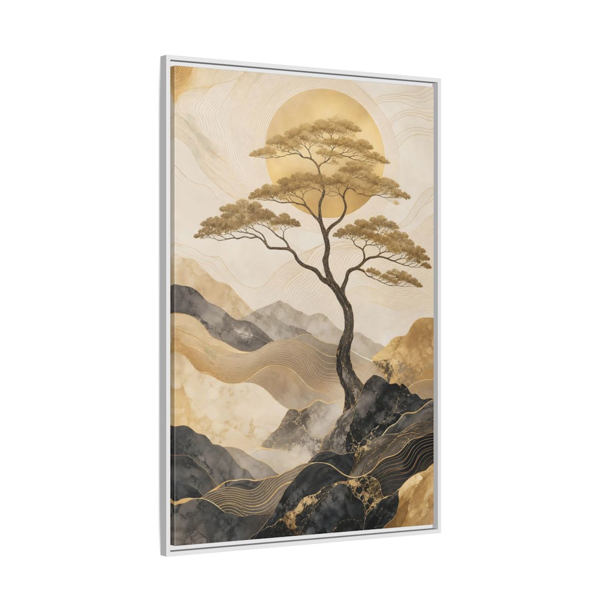 Side Mockup 7. Nature Tree Gold And Black shown as stretched canvas wall art