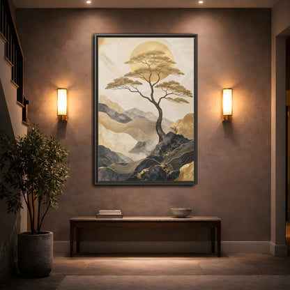 Nature Tree Gold and Black Framed Canvas Wall Art - Living Room, Above Sofa shown as canvas wall art