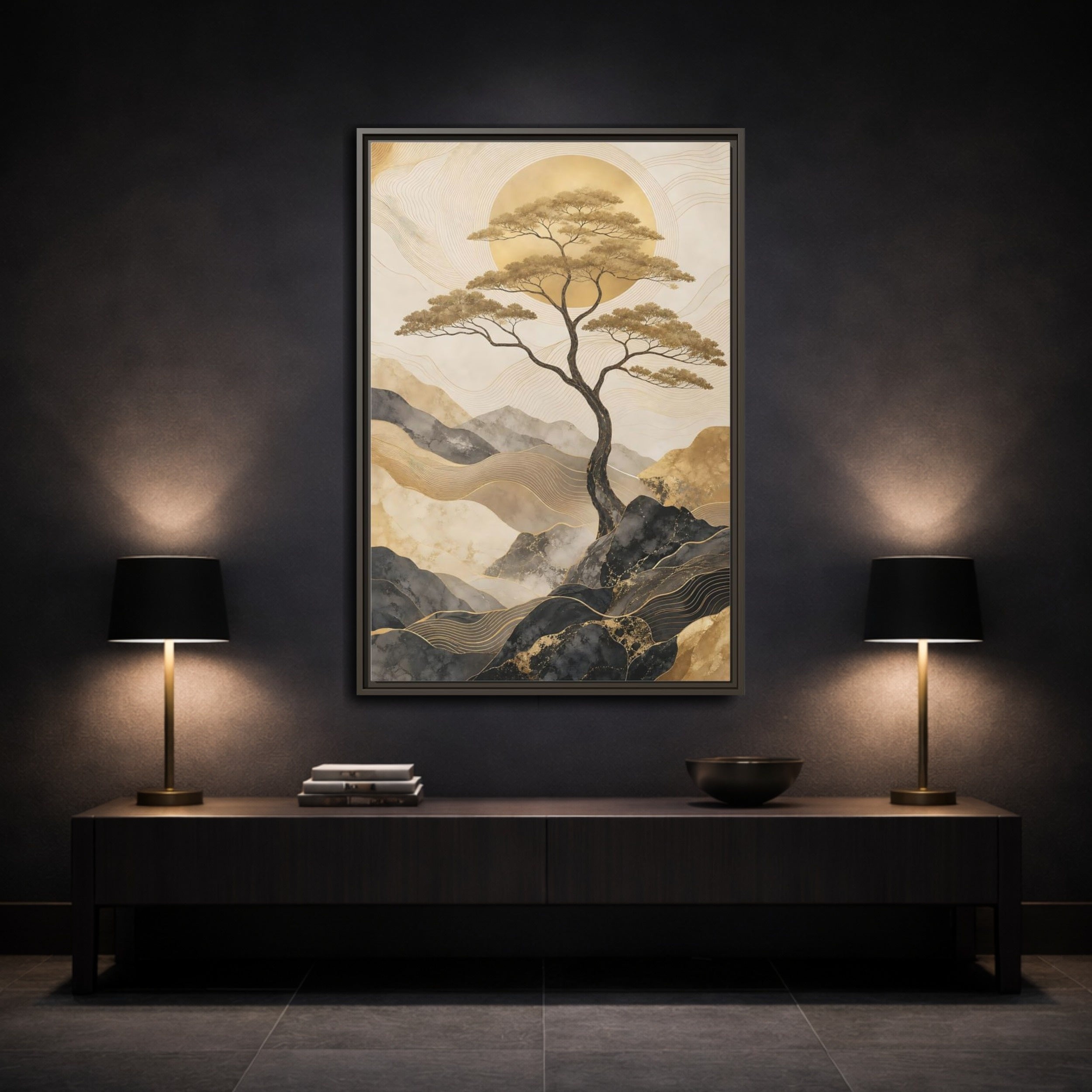 Mockup 3. Nature Tree Gold And Black shown as stretched canvas wall art