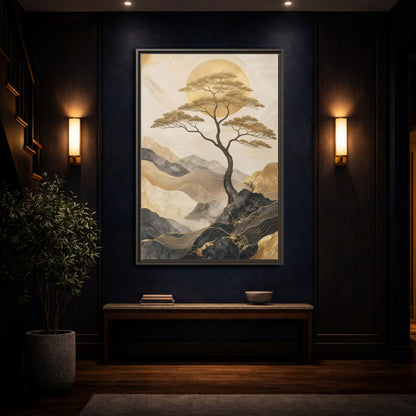 Nature Tree Gold and Black Framed Canvas Wall Art - Living Room, Above Sofa shown as canvas wall art