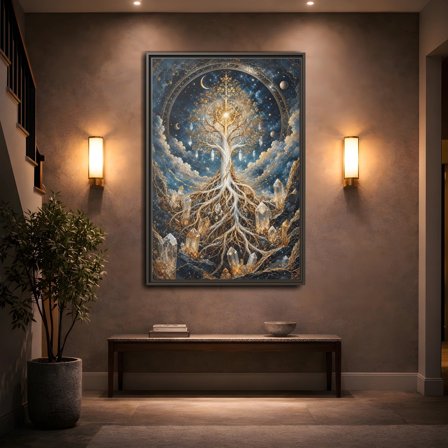 Mockup 2. Nature Tree Of Life Gold And Blue Tree shown as stretched canvas wall art