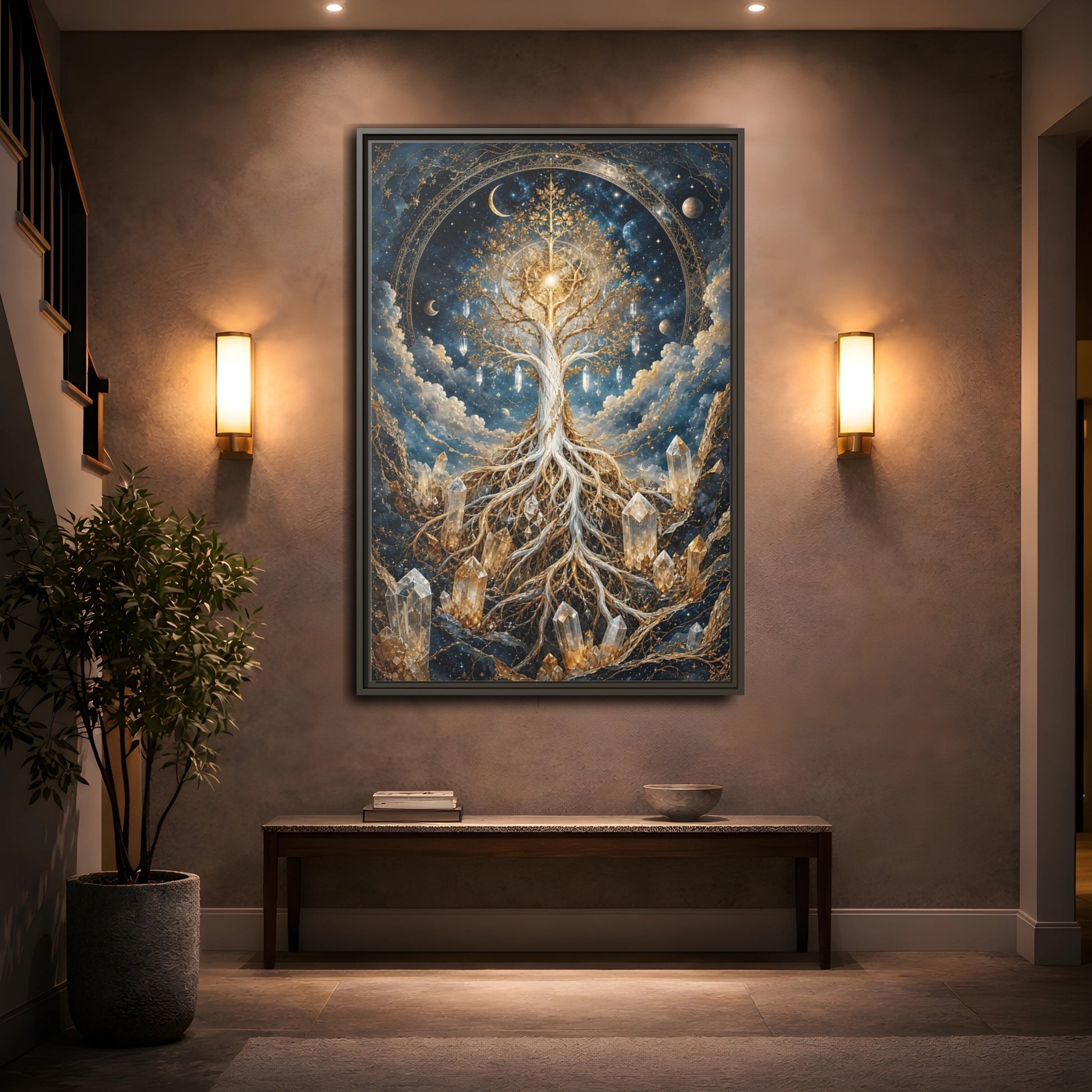 Mockup 2. Nature Tree Of Life Gold And Blue Tree shown as stretched canvas wall art
