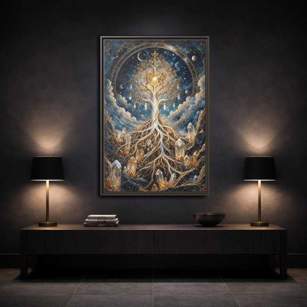 Mockup 3. Nature Tree Of Life Gold And Blue Tree shown as stretched canvas wall art