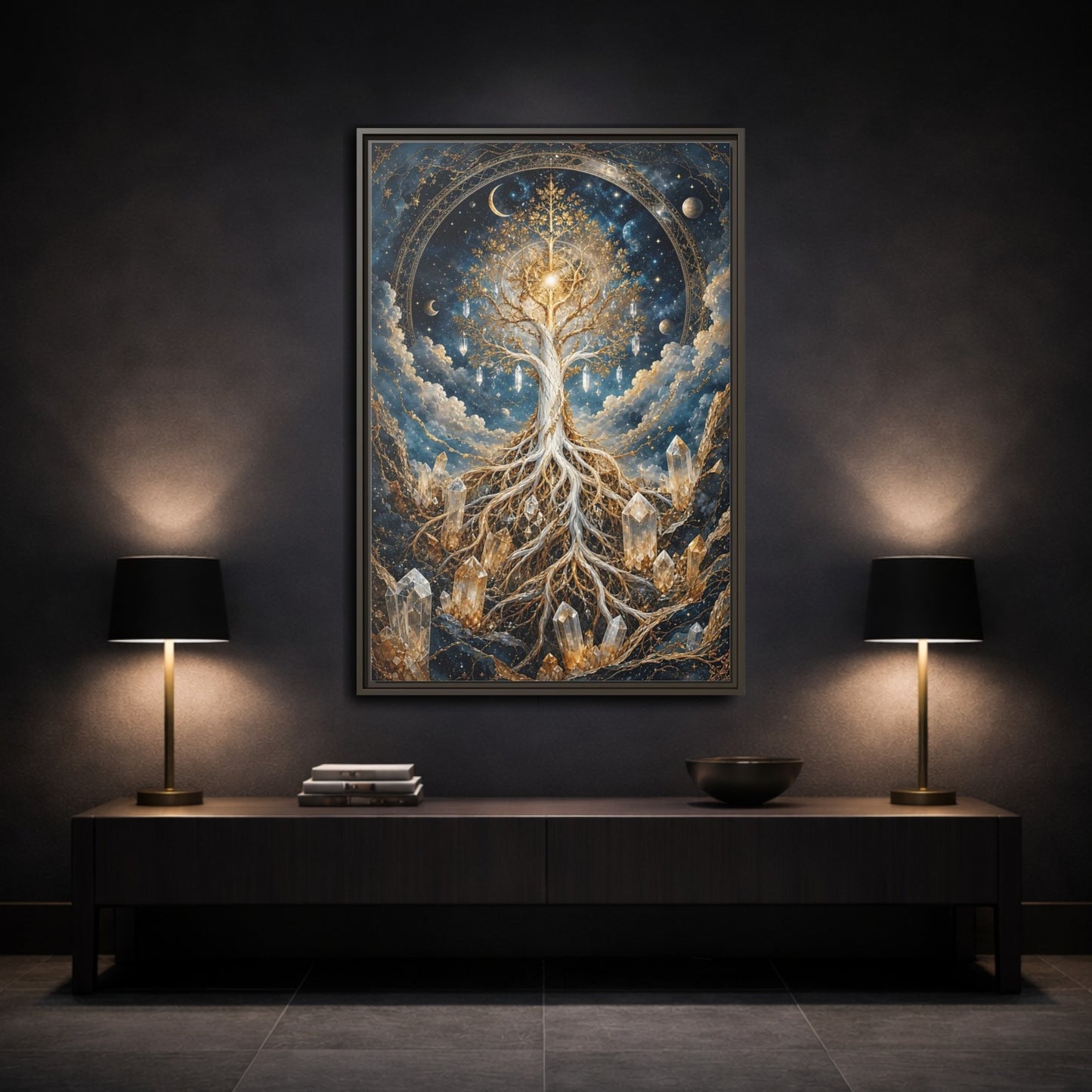 Mockup 3. Nature Tree Of Life Gold And Blue Tree shown as stretched canvas wall art