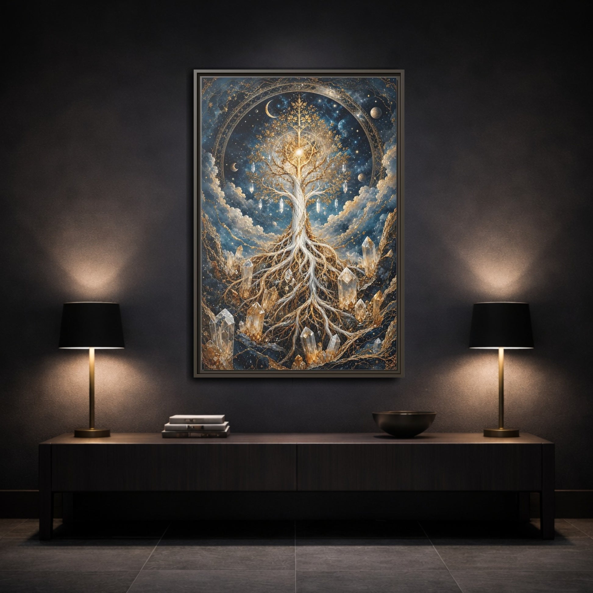 Mockup 3. Nature Tree Of Life Gold And Blue Tree shown as stretched canvas wall art