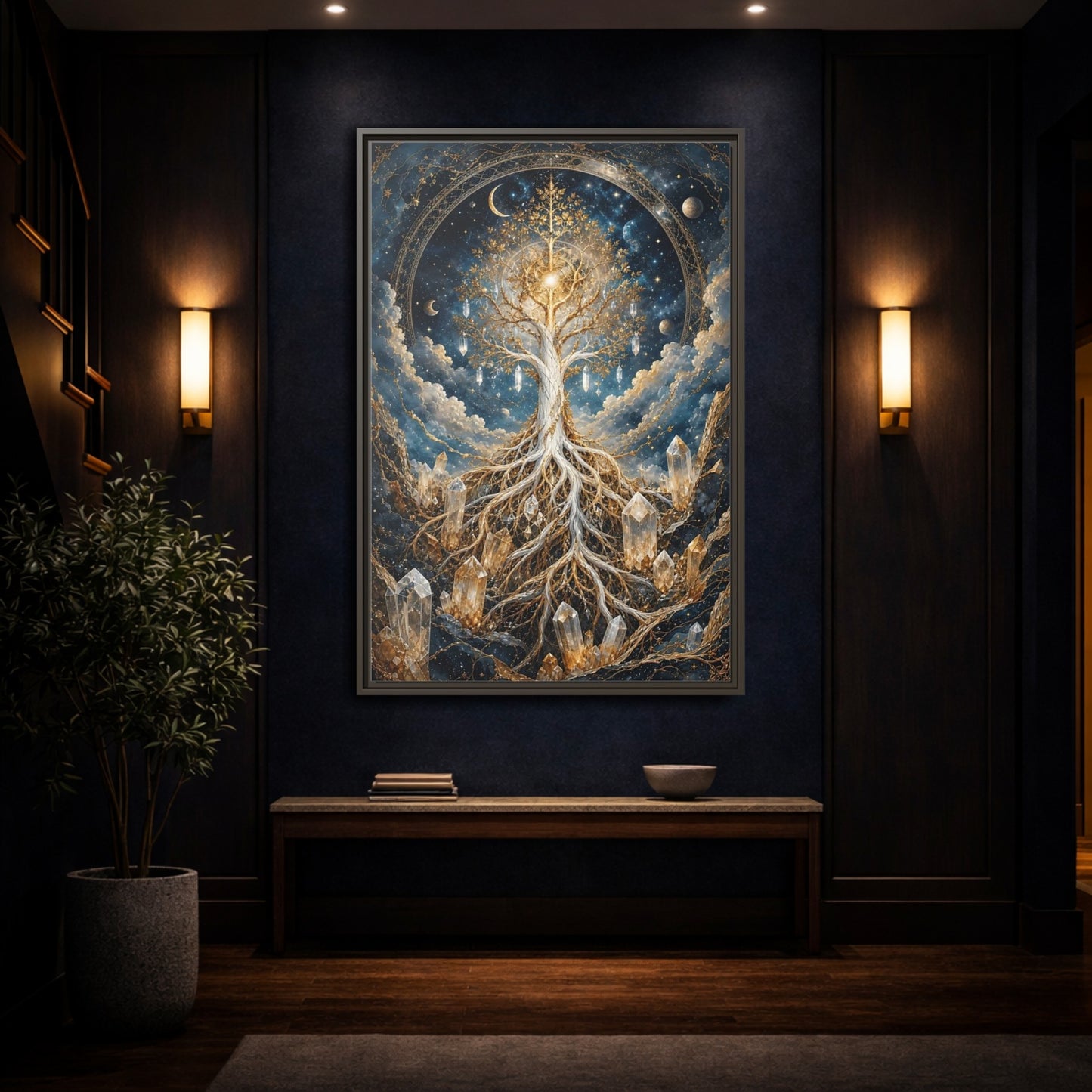 Mockup 4. Nature Tree Of Life Gold And Blue Tree shown as stretched canvas wall art