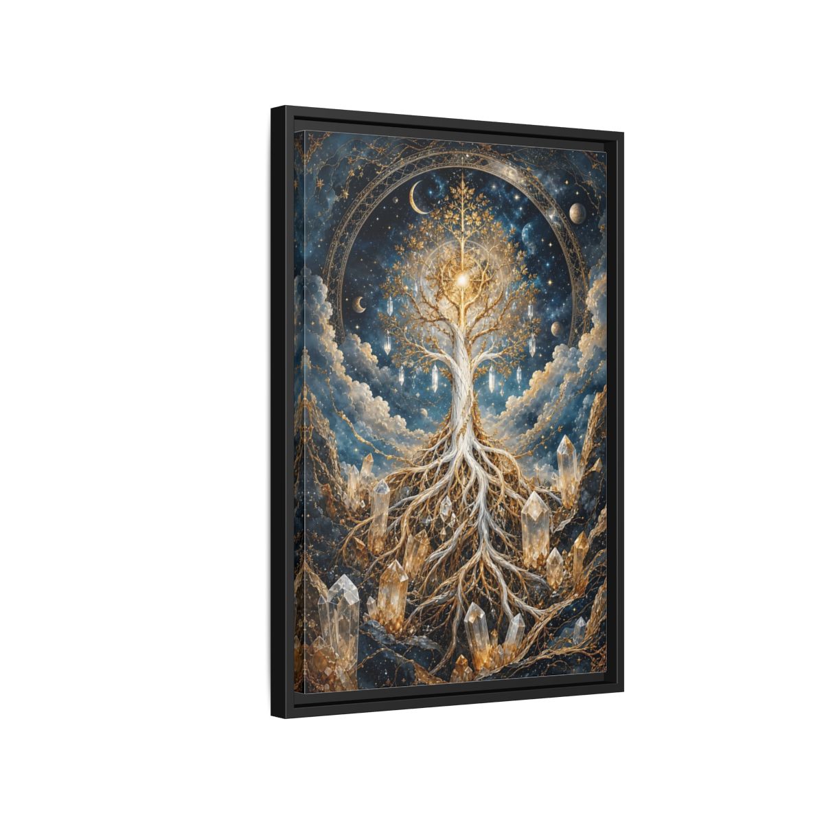 Side Mockup 3. Nature Tree Of Life Gold And Blue Tree shown as stretched canvas wall art