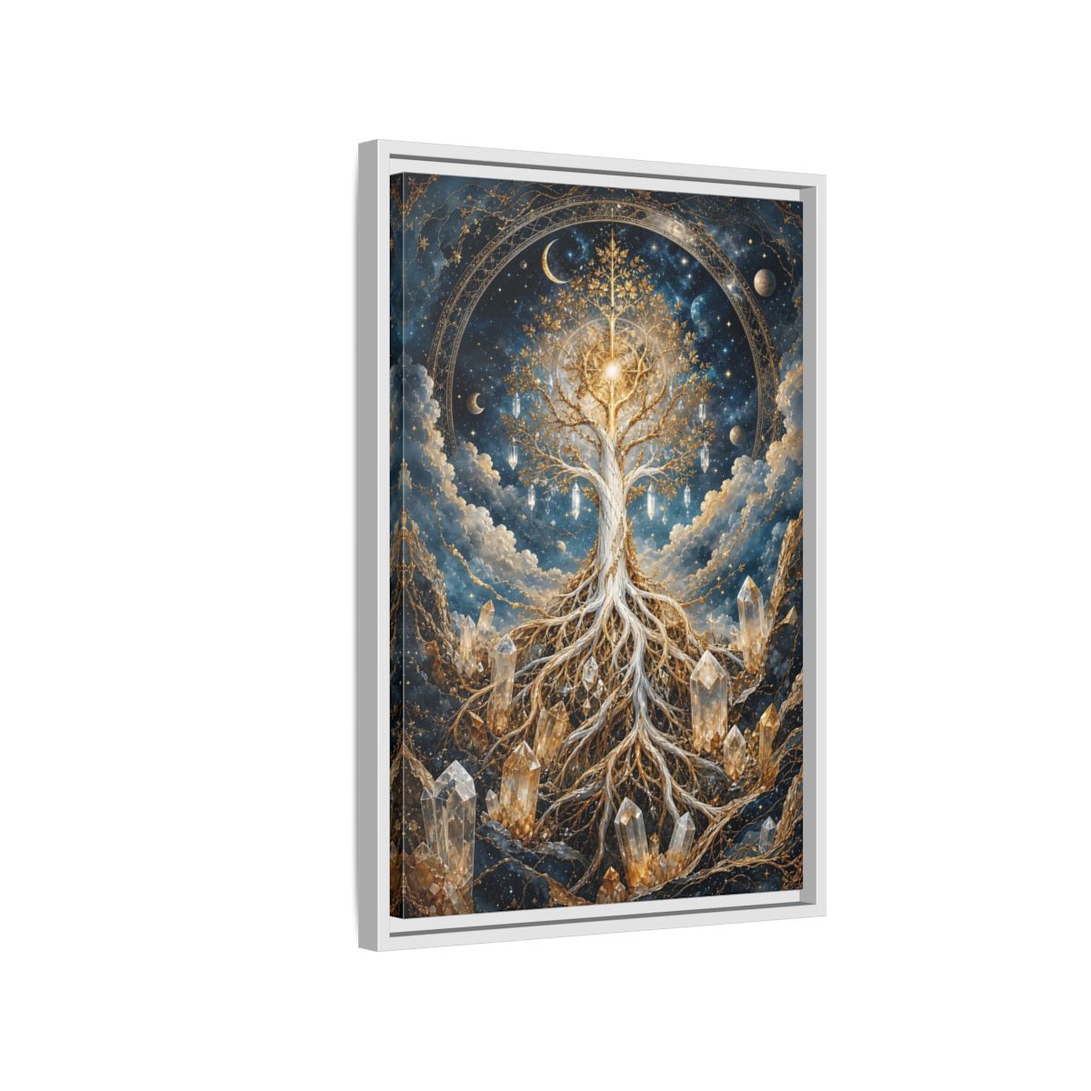 Side Mockup 1. Nature Tree Of Life Gold And Blue Tree shown as stretched canvas wall art