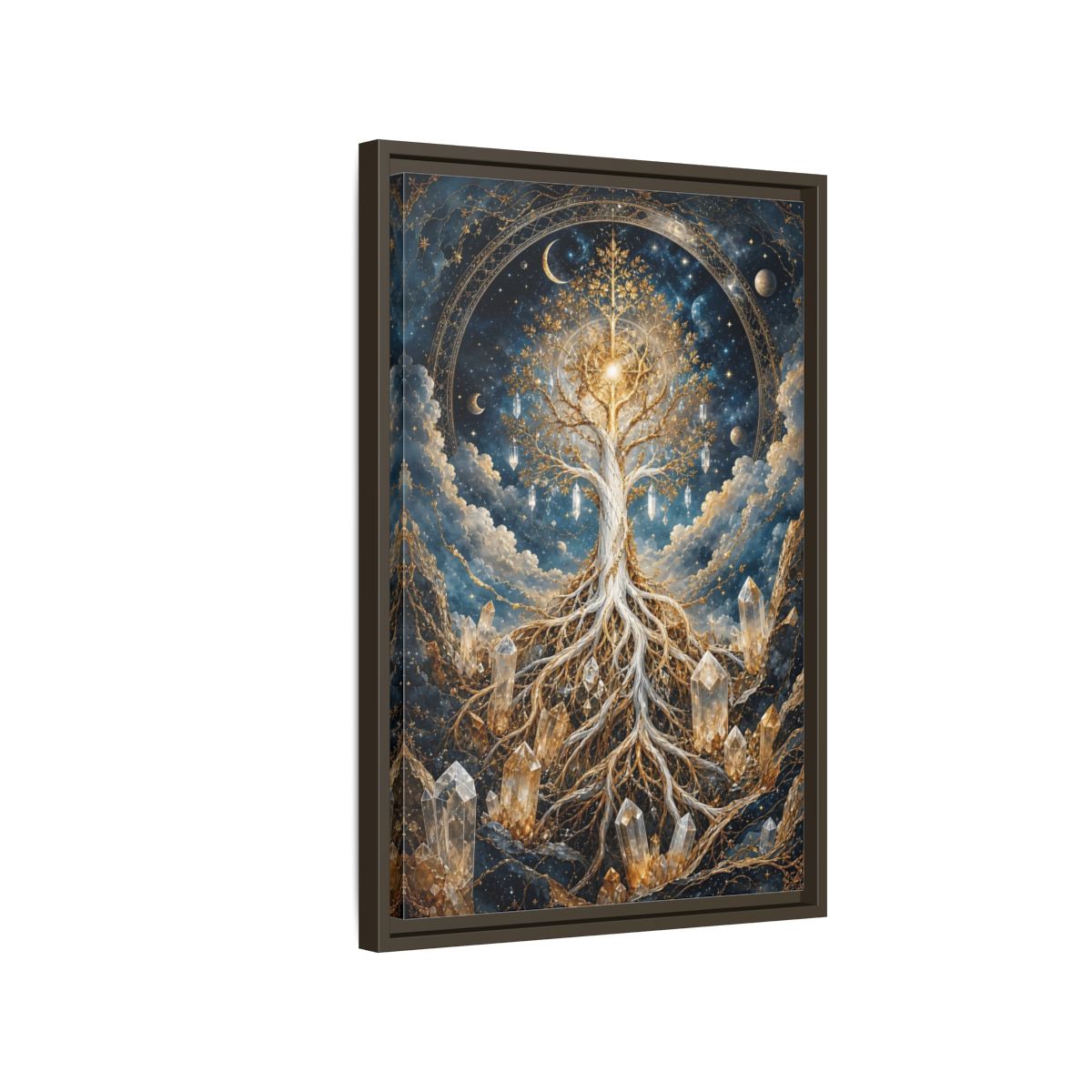 Side Mockup 2. Nature Tree Of Life Gold And Blue Tree shown as stretched canvas wall art