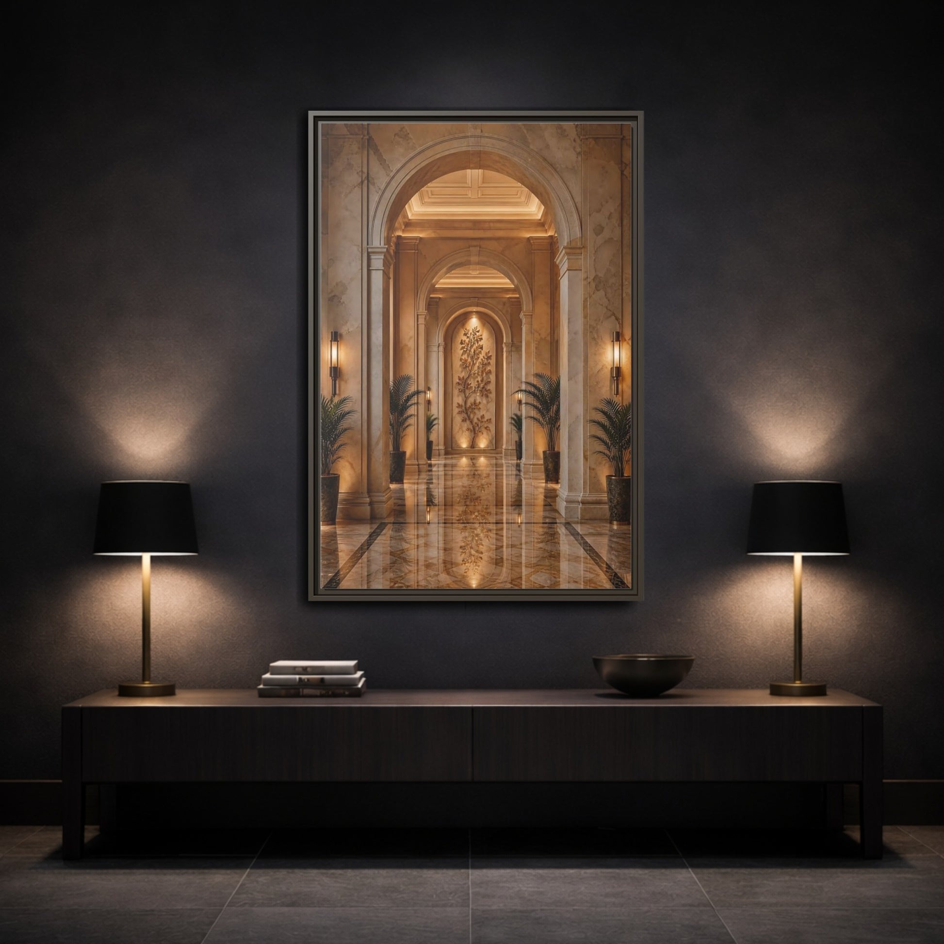 Mockup 3. Nature Tree Relief Brown And Gold shown as stretched canvas wall art