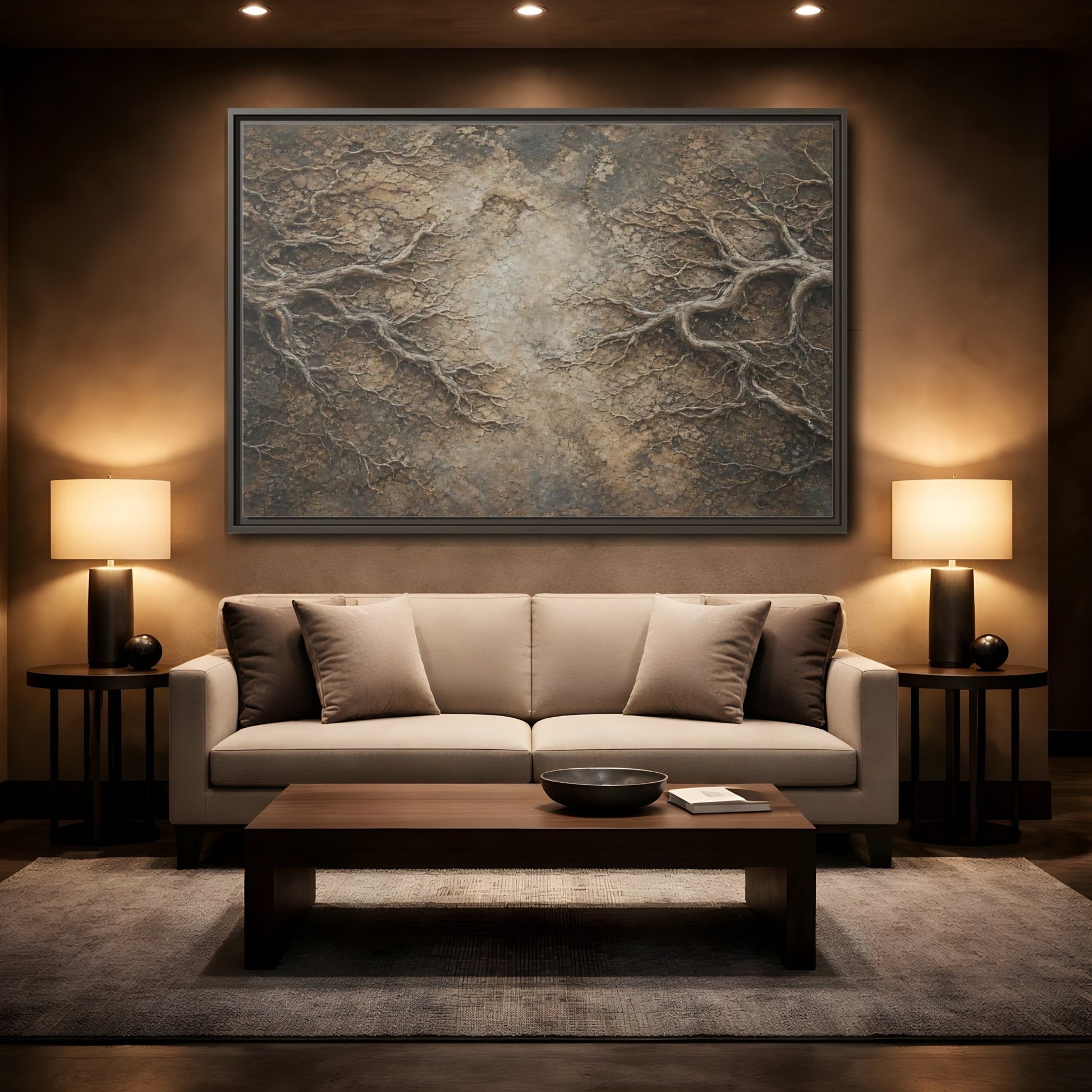 Mockup 2. Nature Tree Roots Earthy Brown Texture shown as stretched canvas wall art