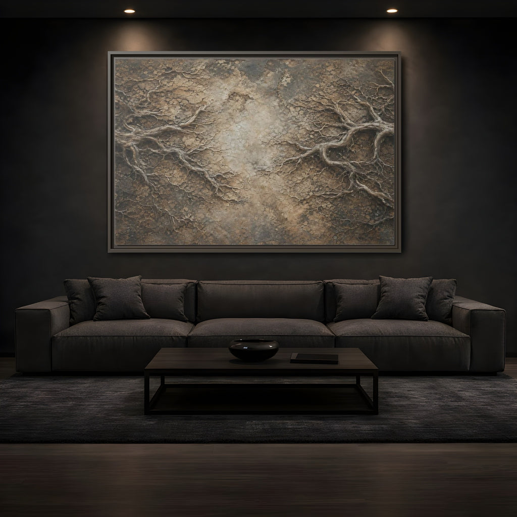 Mockup 3. Nature Tree Roots Earthy Brown Texture shown as stretched canvas wall art