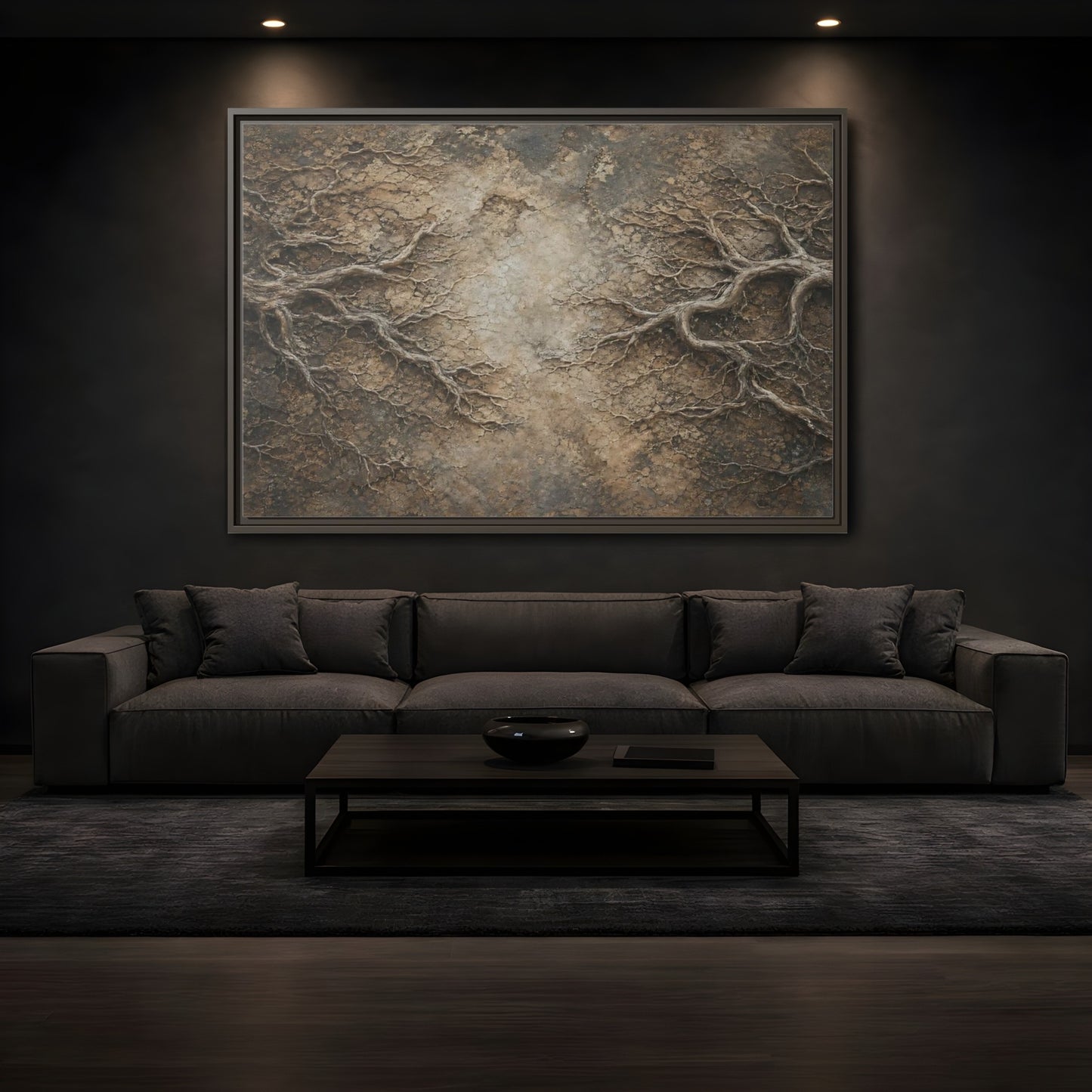 Mockup 3. Nature Tree Roots Earthy Brown Texture shown as stretched canvas wall art