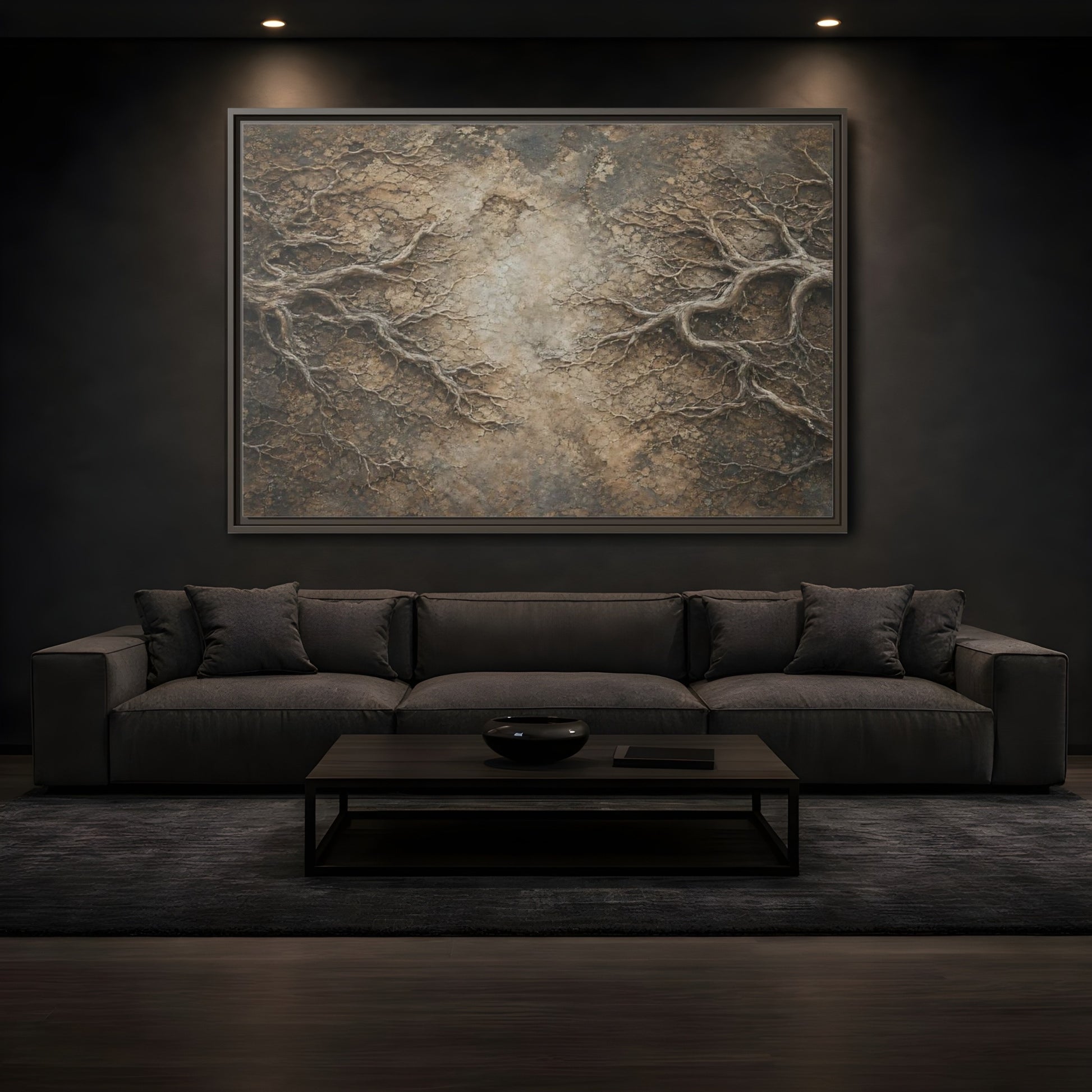 Mockup 3. Nature Tree Roots Earthy Brown Texture shown as stretched canvas wall art