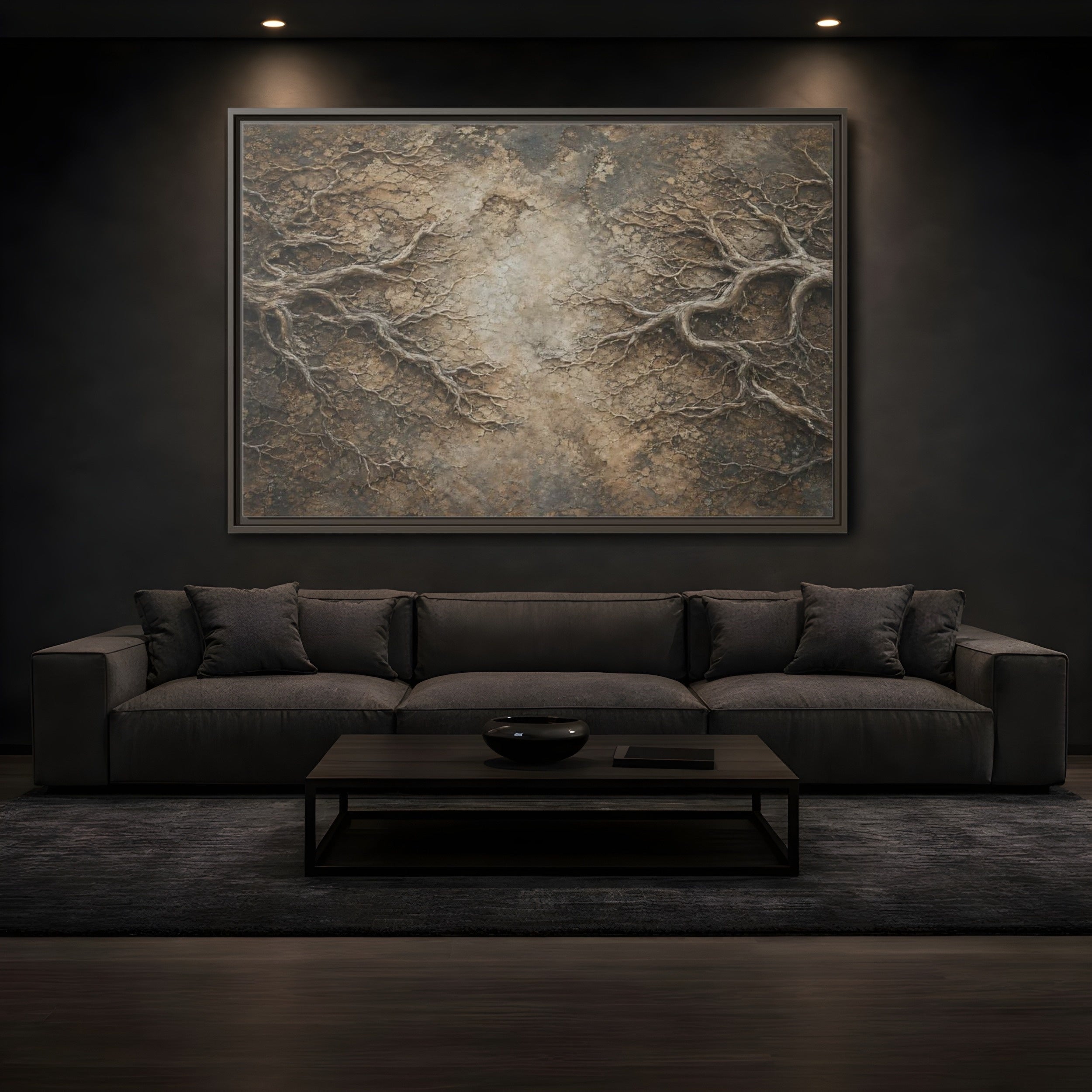 Mockup 3. Nature Tree Roots Earthy Brown Texture shown as stretched canvas wall art