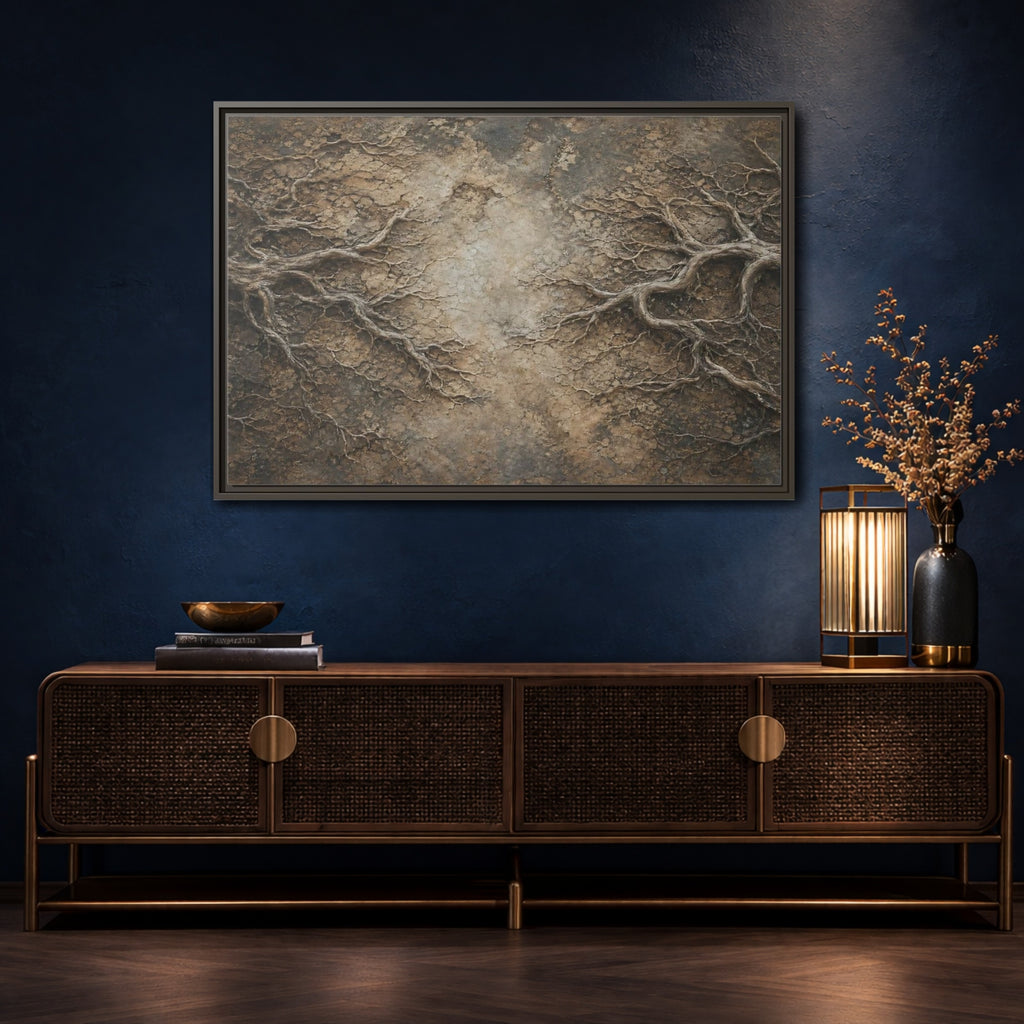 Mockup 4. Nature Tree Roots Earthy Brown Texture shown as stretched canvas wall art